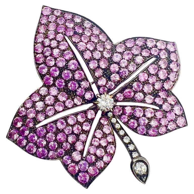 18k Gold Pink Sapphire Diamond Leaf Brooch For Sale