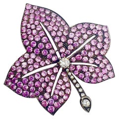 18k Gold Pink Sapphire Diamond Leaf Brooch
