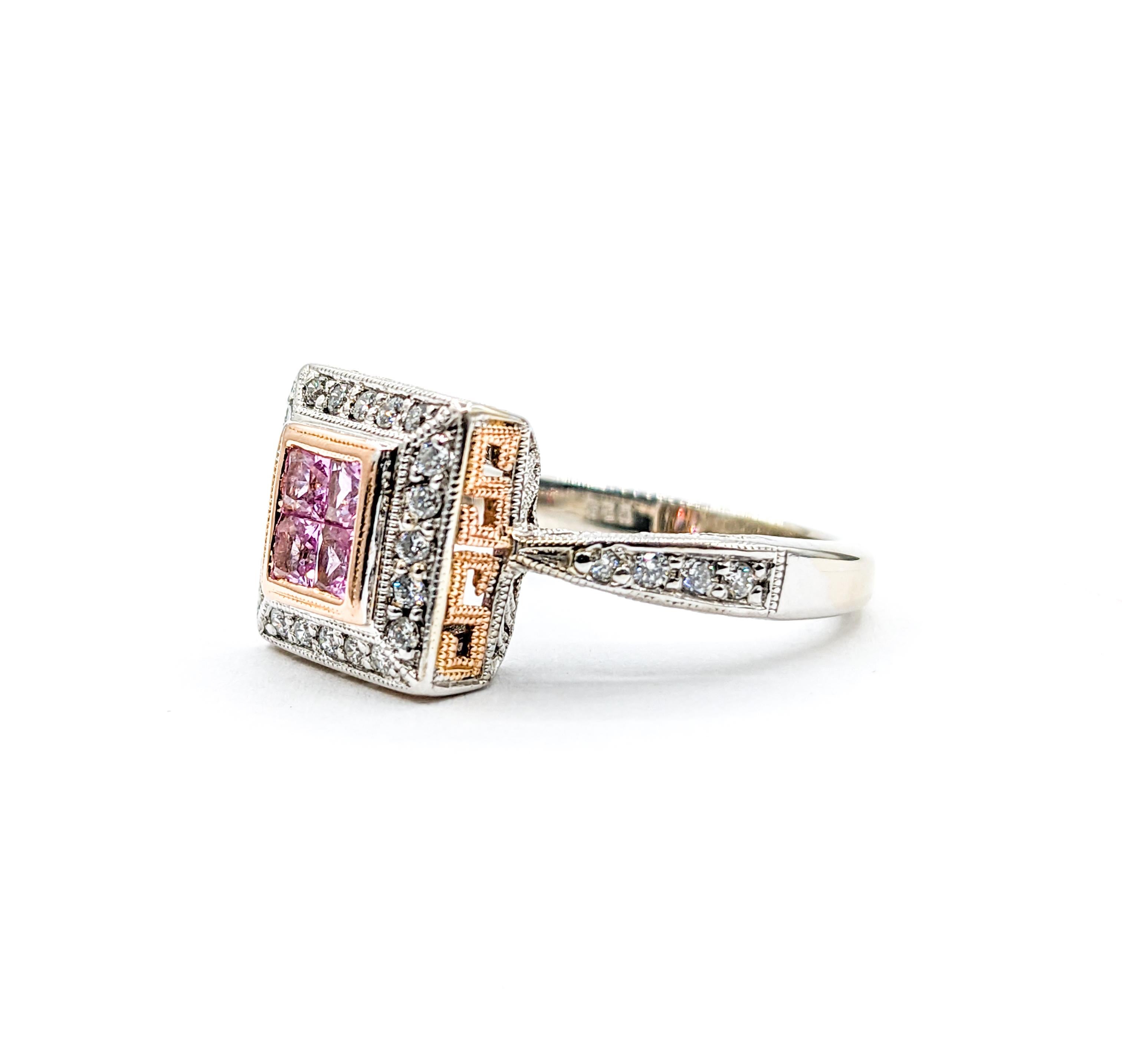 Pink Sapphire & Diamond Milgrain Detail Ring in Two Tone Gold For Sale 4