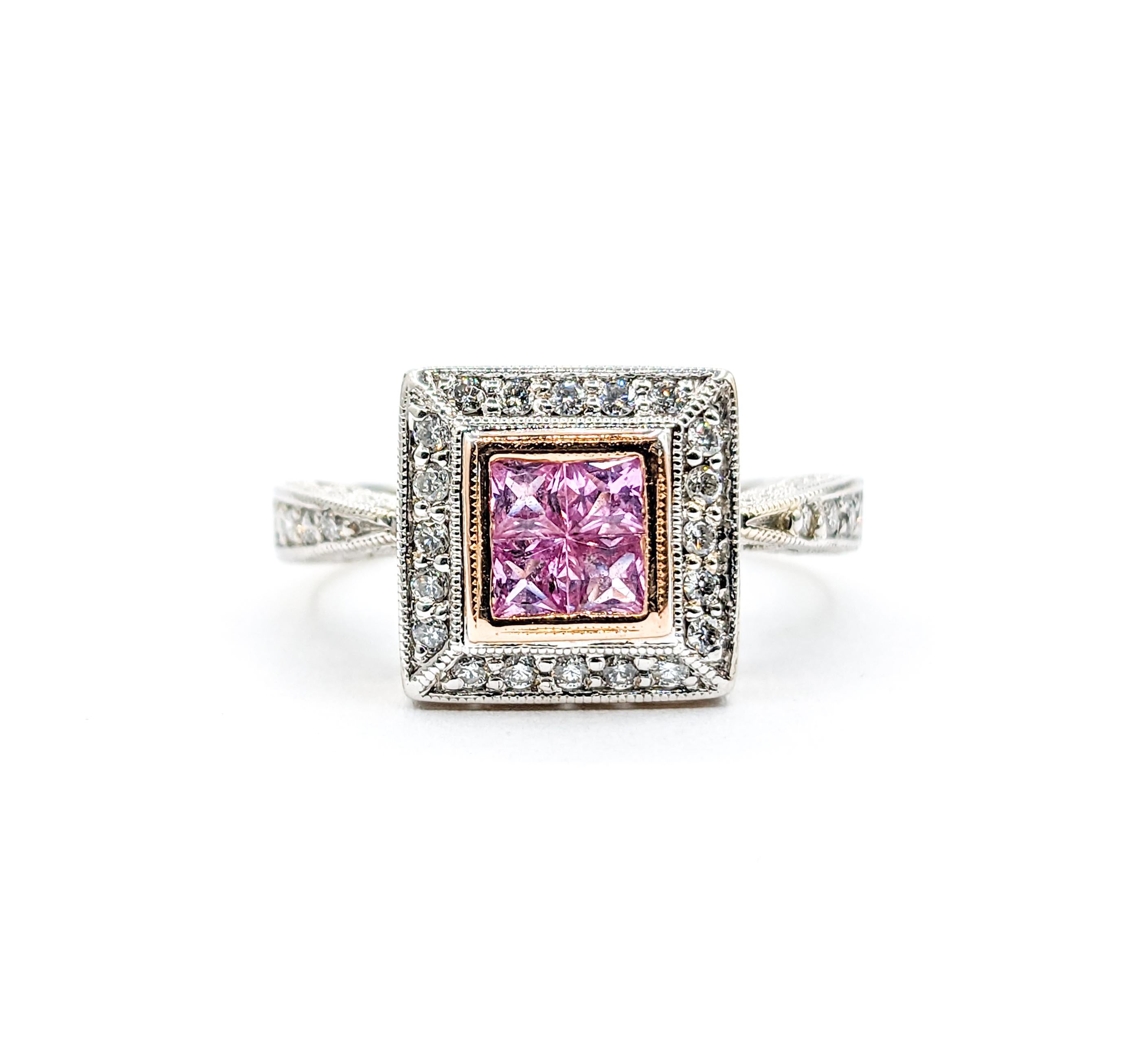 Pink Sapphire & Diamond Milgrain Detail Ring in Two Tone Gold For Sale 5