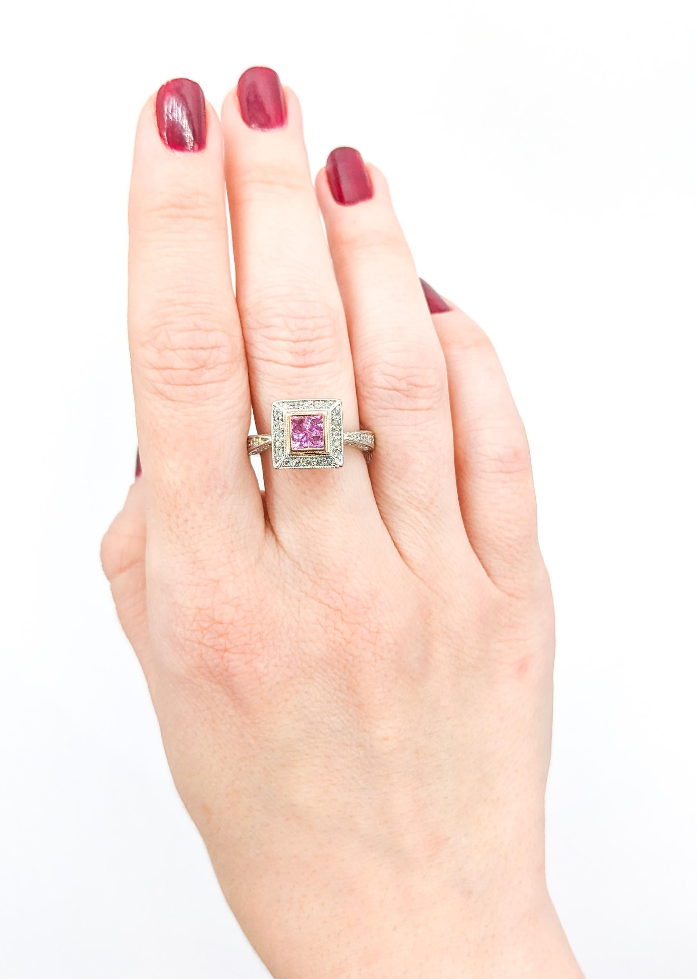 Contemporary Pink Sapphire & Diamond Milgrain Detail Ring in Two Tone Gold For Sale