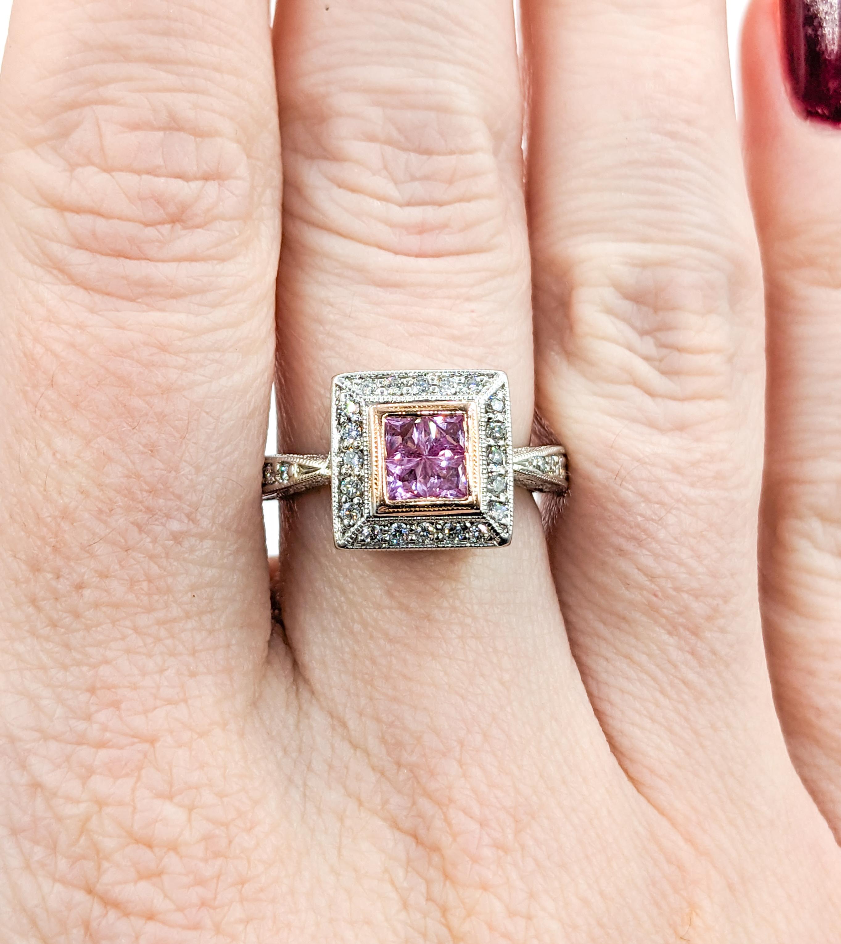 Princess Cut Pink Sapphire & Diamond Milgrain Detail Ring in Two Tone Gold For Sale