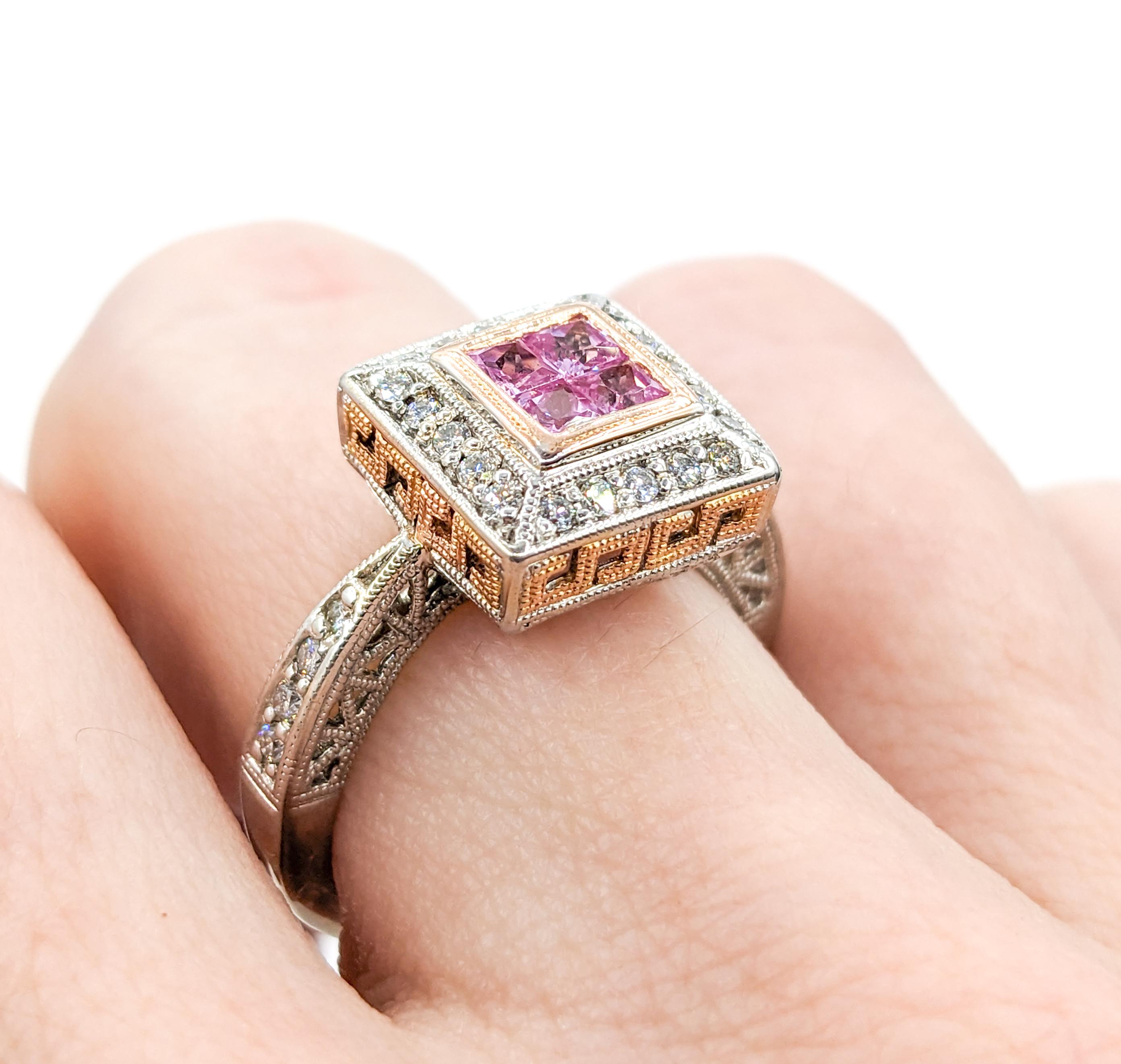 Pink Sapphire & Diamond Milgrain Detail Ring in Two Tone Gold In Excellent Condition For Sale In Bloomington, MN