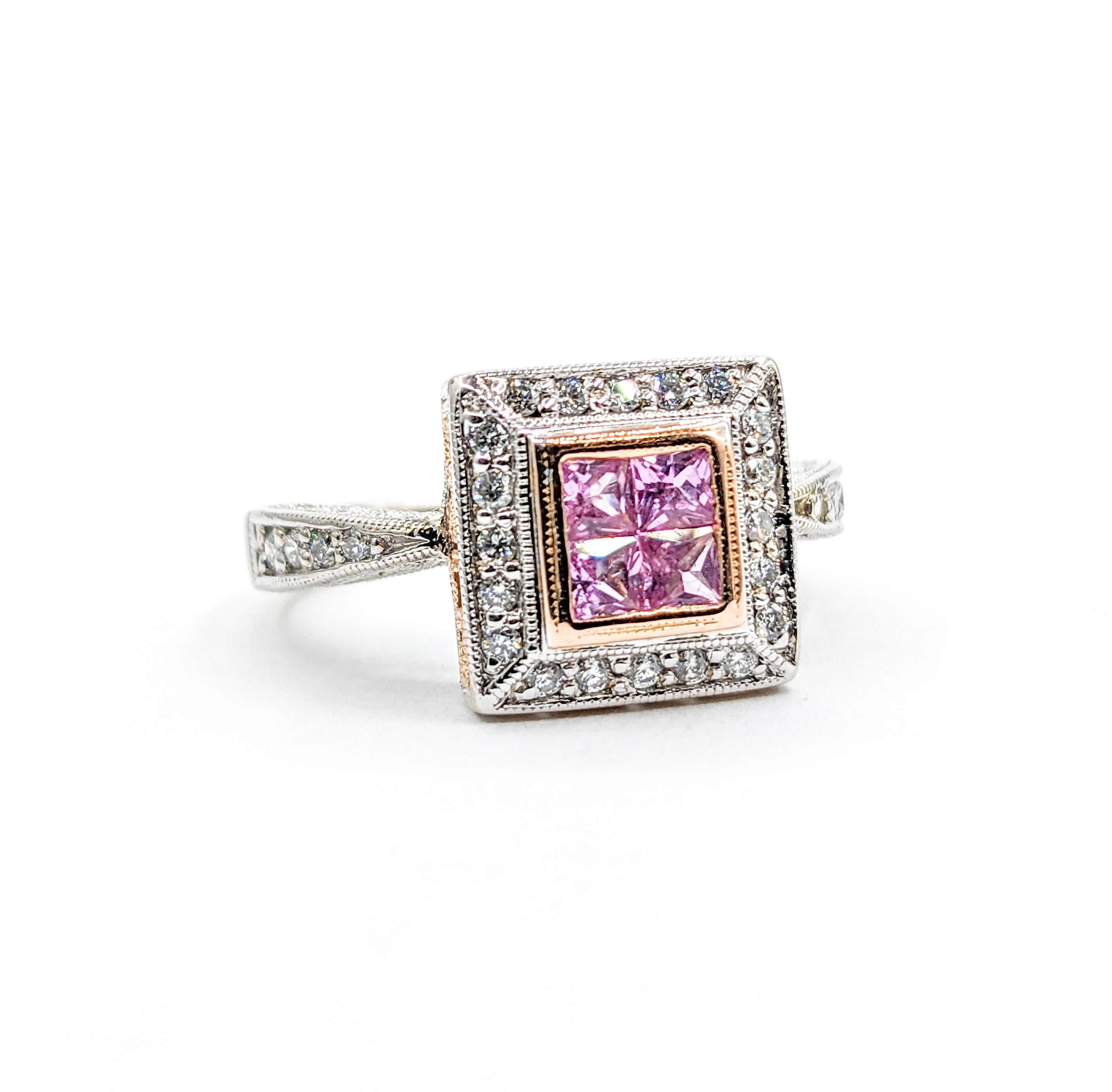Women's Pink Sapphire & Diamond Milgrain Detail Ring in Two Tone Gold For Sale