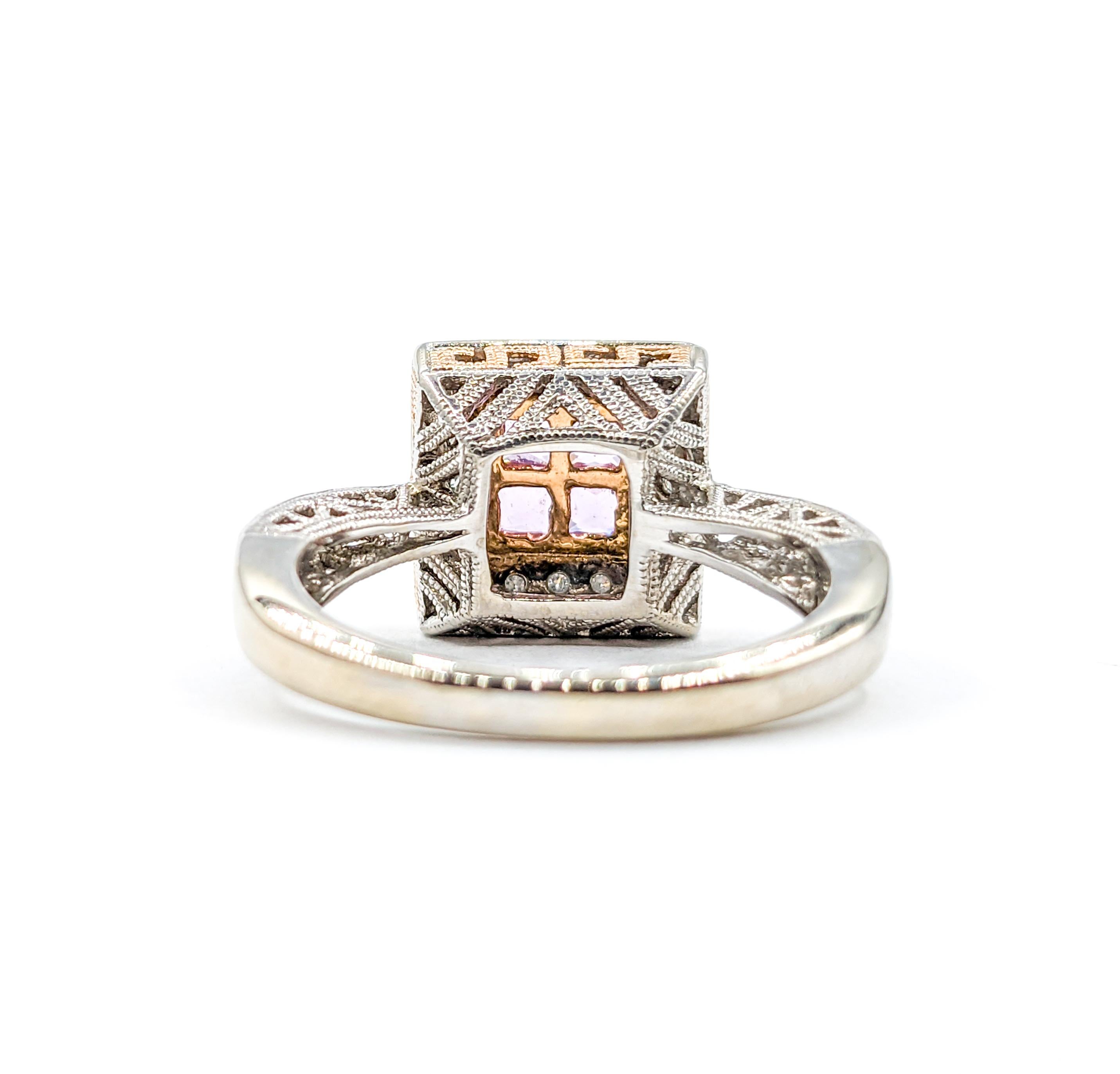 Pink Sapphire & Diamond Milgrain Detail Ring in Two Tone Gold For Sale 1