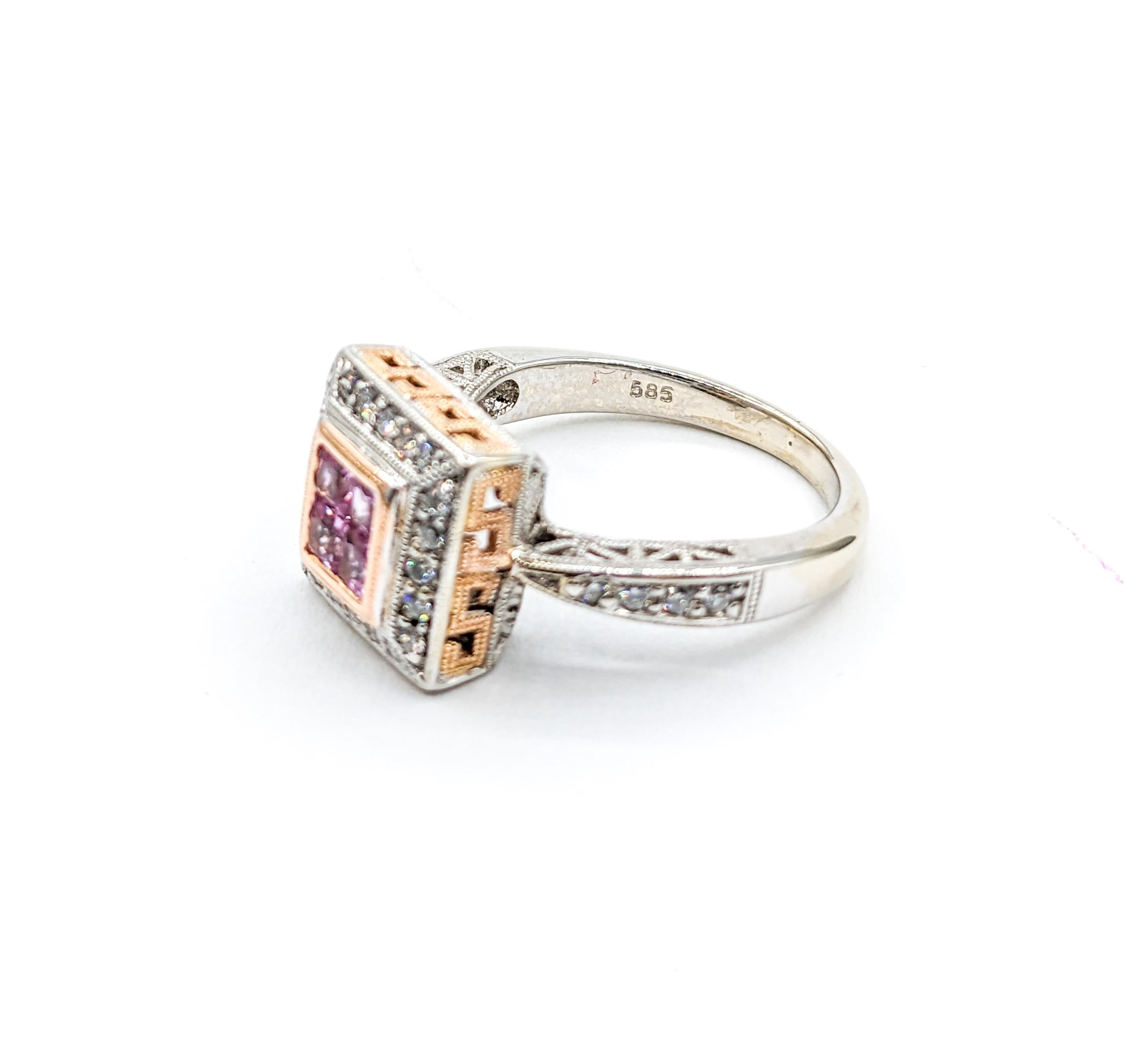 Pink Sapphire & Diamond Milgrain Detail Ring in Two Tone Gold For Sale 3