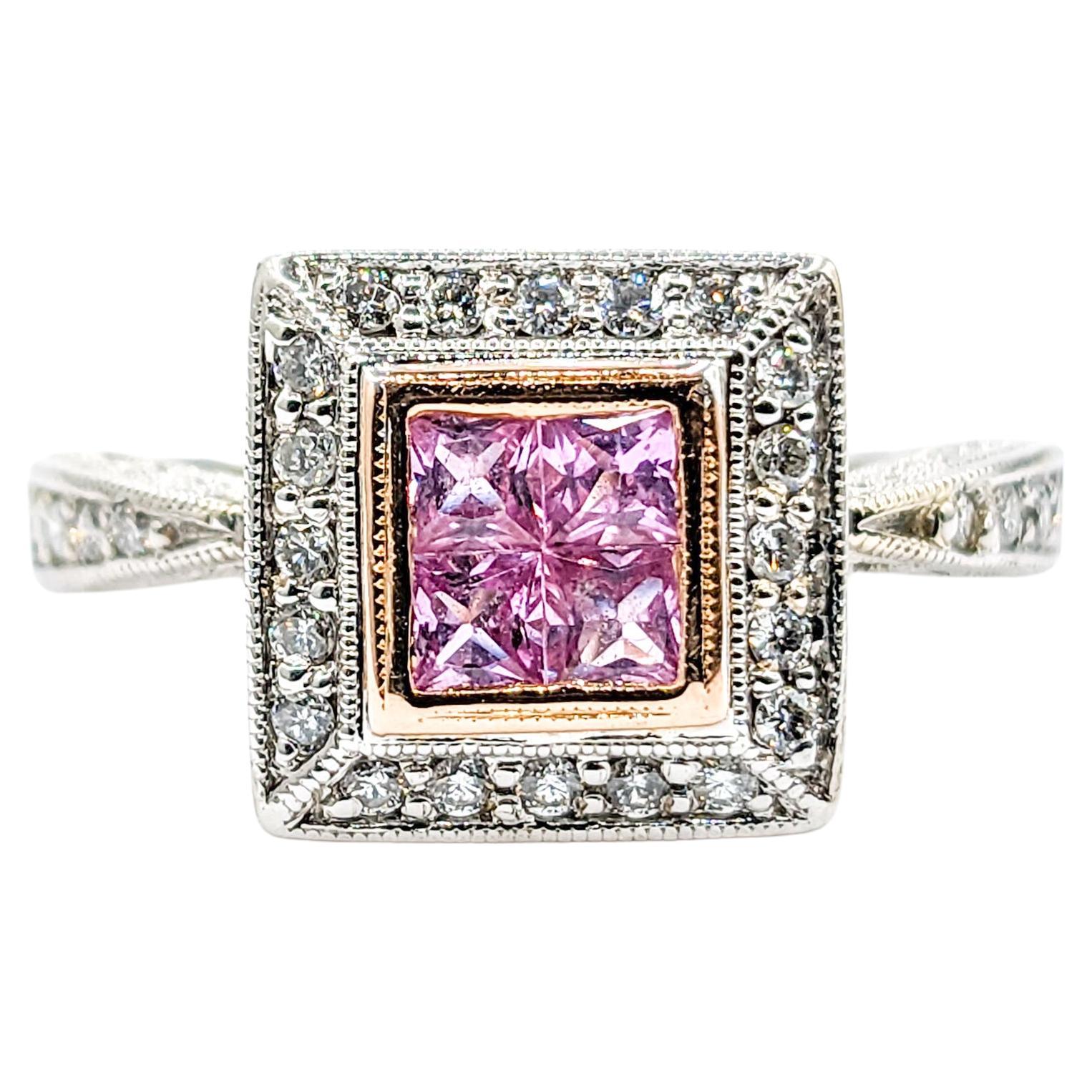 Pink Sapphire & Diamond Milgrain Detail Ring in Two Tone Gold For Sale