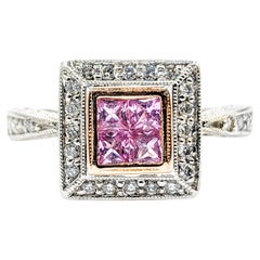 Pink Sapphire & Diamond Milgrain Detail Ring in Two Tone Gold