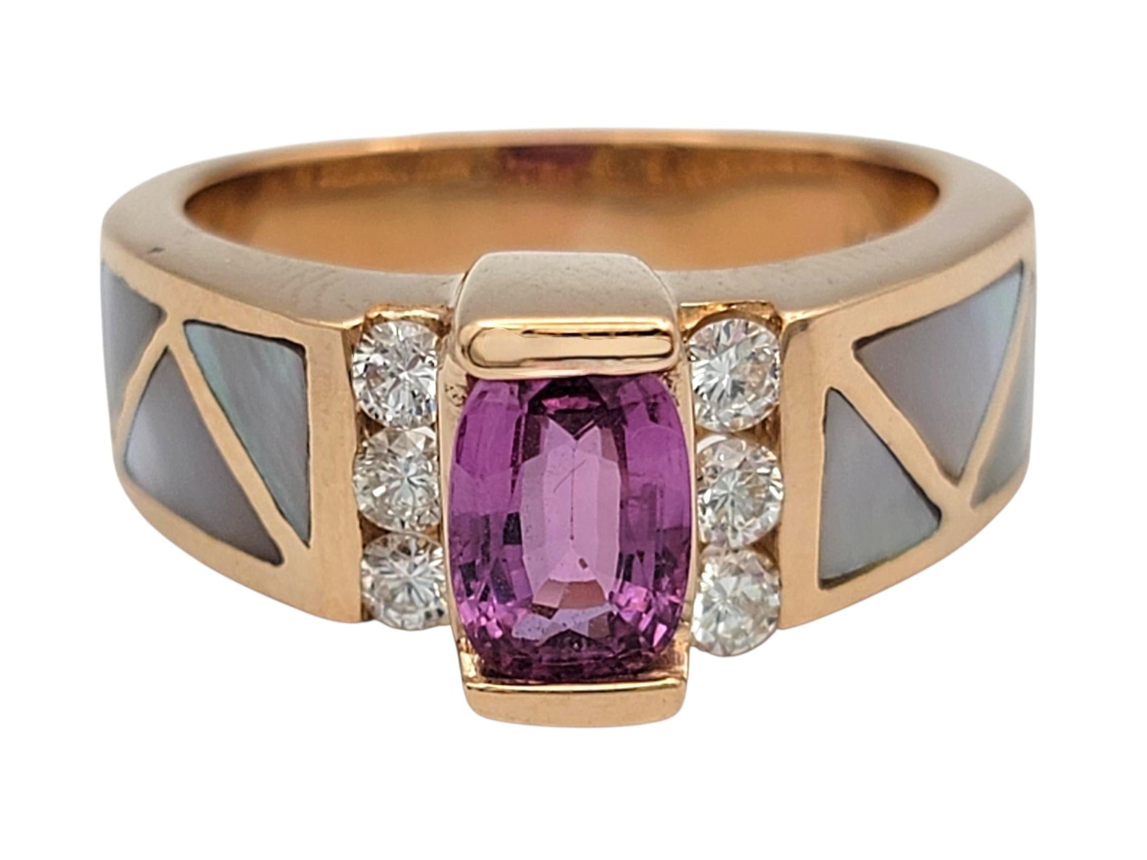Bague en or rose 14 carats avec incrustation de saphirs roses, diamants et nacre Excellent état - En vente à Scottsdale, AZ