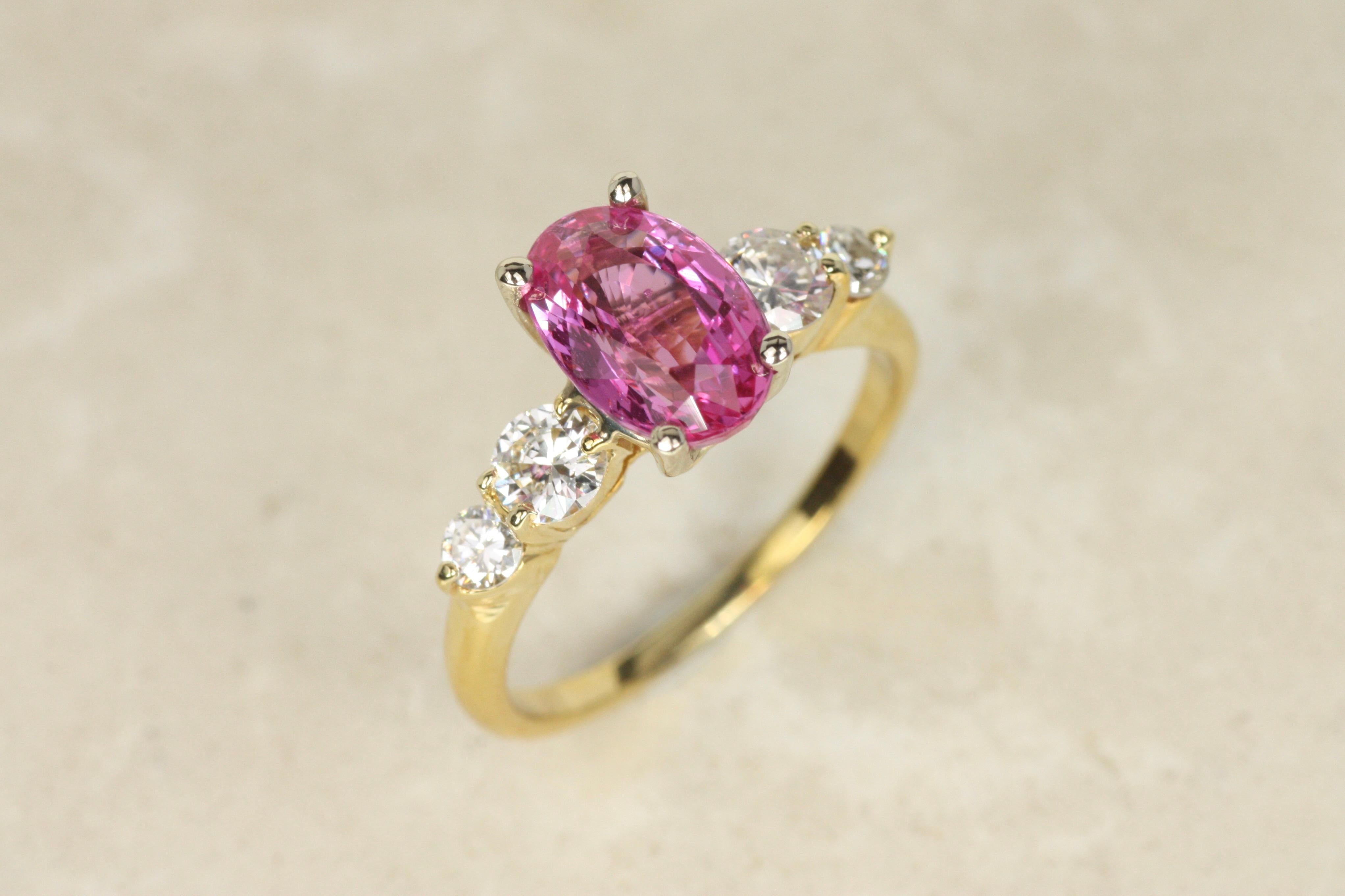 Modern Pink Sapphire & Diamond Multi-Stone Ring – 18K Yellow, Nontraditional Engagement For Sale