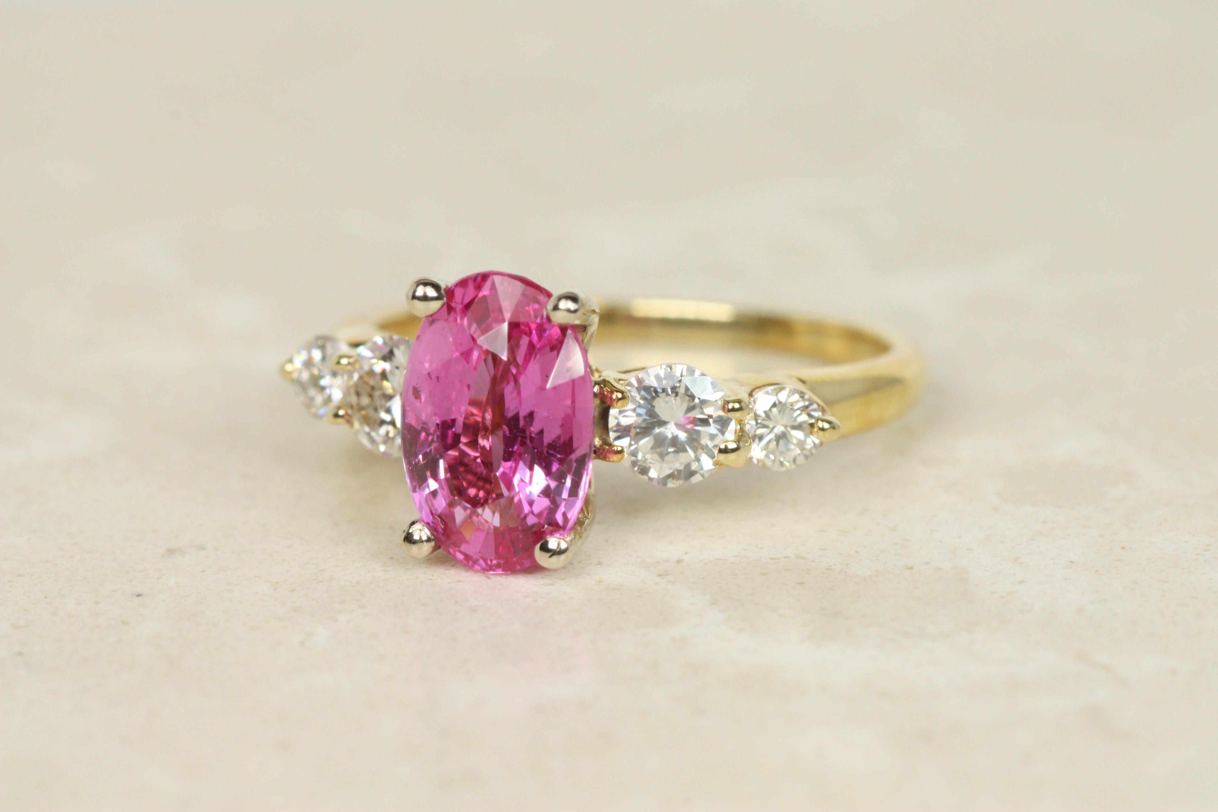 Oval Cut Pink Sapphire & Diamond Multi-Stone Ring – 18K Yellow, Nontraditional Engagement For Sale