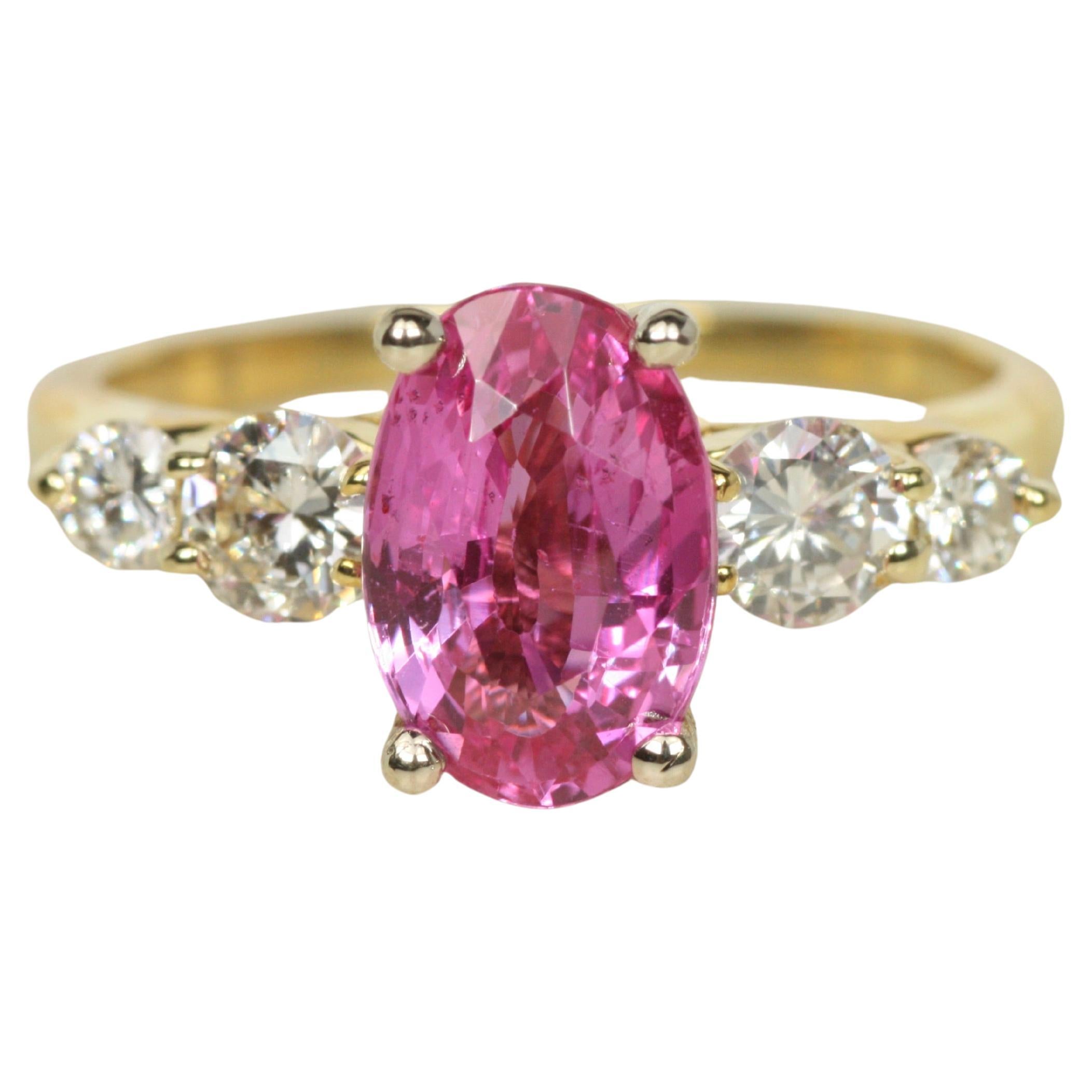Pink Sapphire & Diamond Multi-Stone Ring – 18K Yellow, Nontraditional Engagement For Sale
