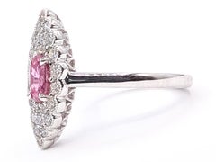 Pink Sapphire & Diamond Navette Halo Ring in Platinum