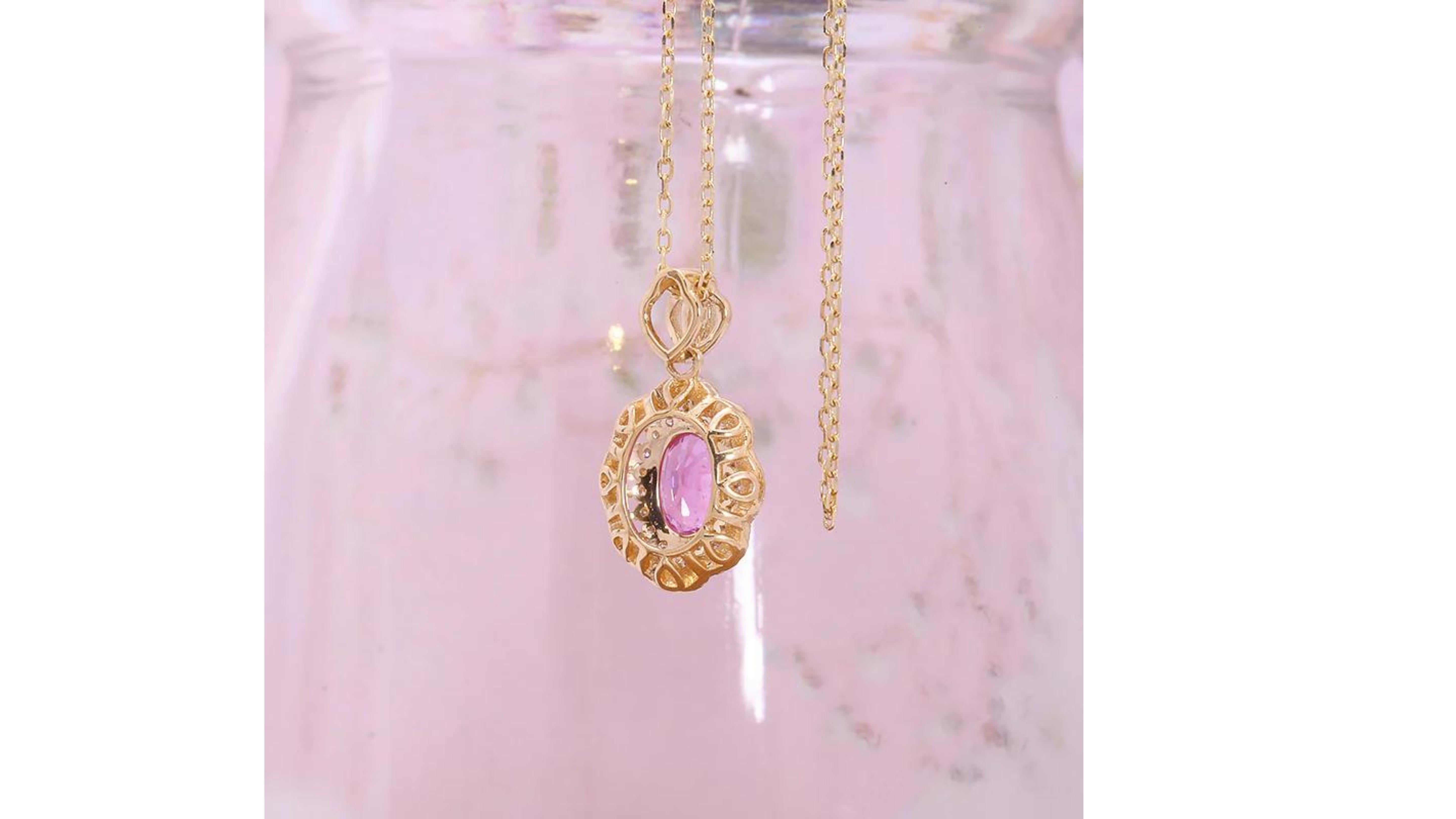 Oval Cut Pink Sapphire Diamond Necklace 18 Karat Gold For Sale