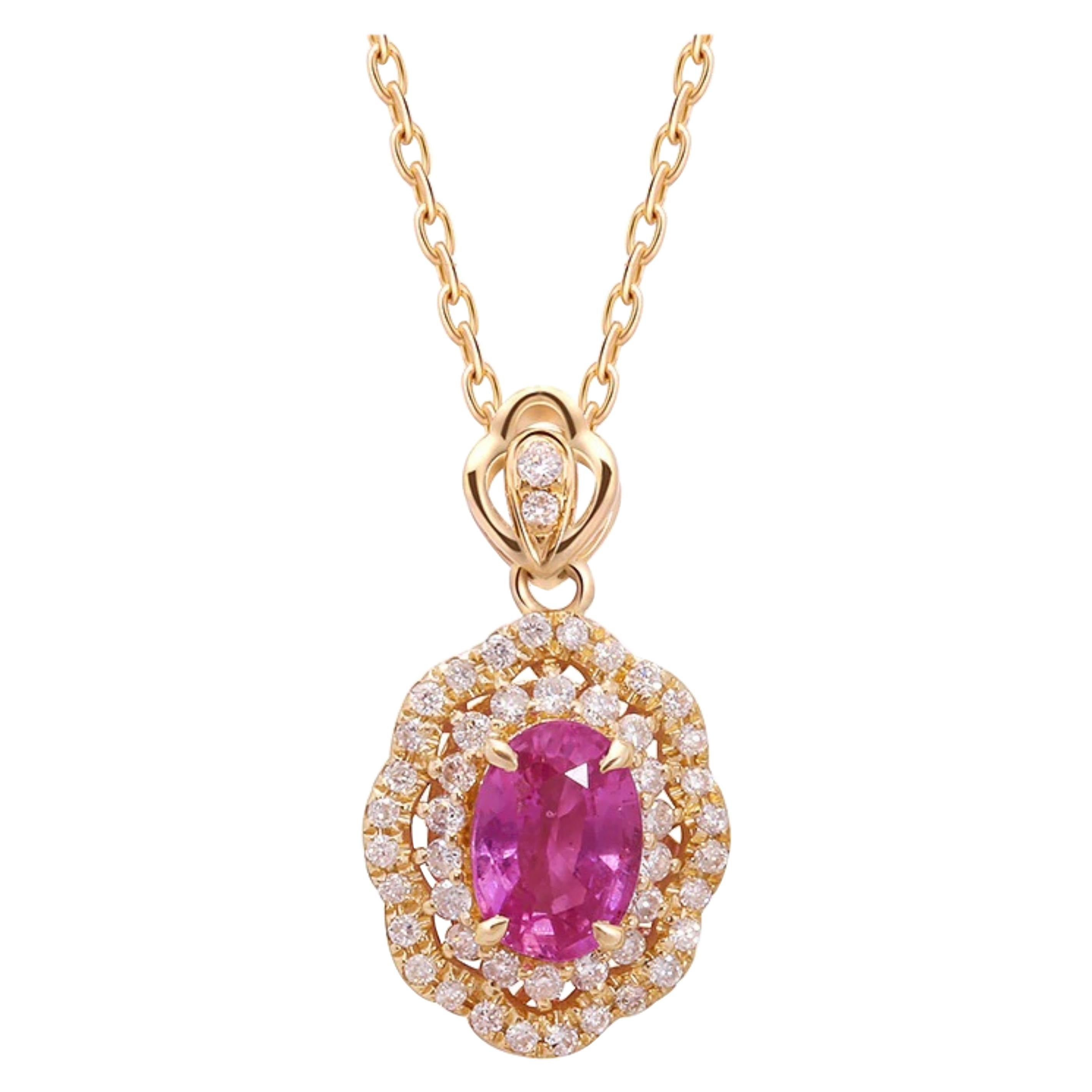Pink Sapphire Diamond Necklace 18 Karat Gold For Sale