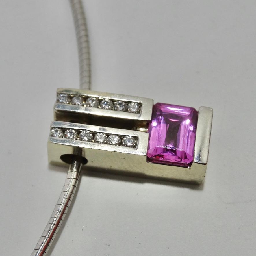 Women's or Men's Pink Sapphire Diamond Necklace 1980s 14K Gold  For Sale