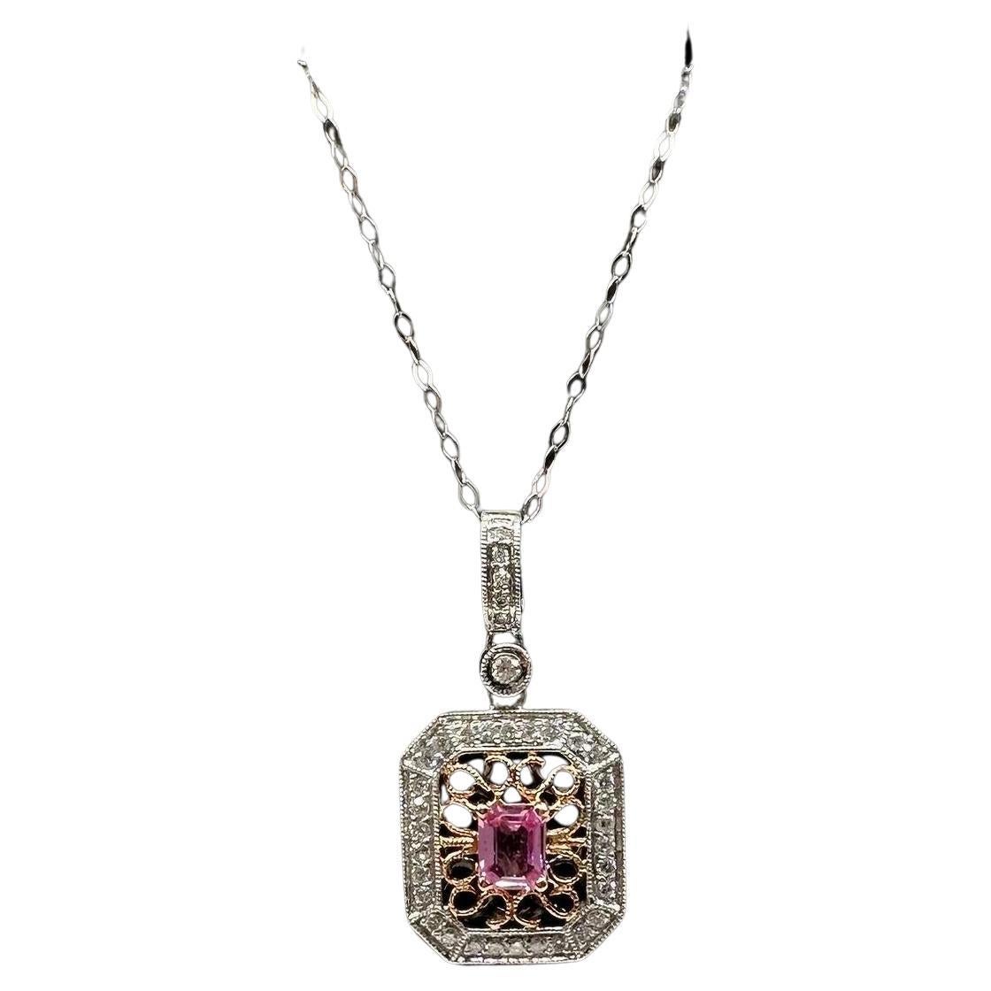 Pink Sapphire 
Diamond Necklace in 14kt White Gold – 18in, Pre-Loved en venta