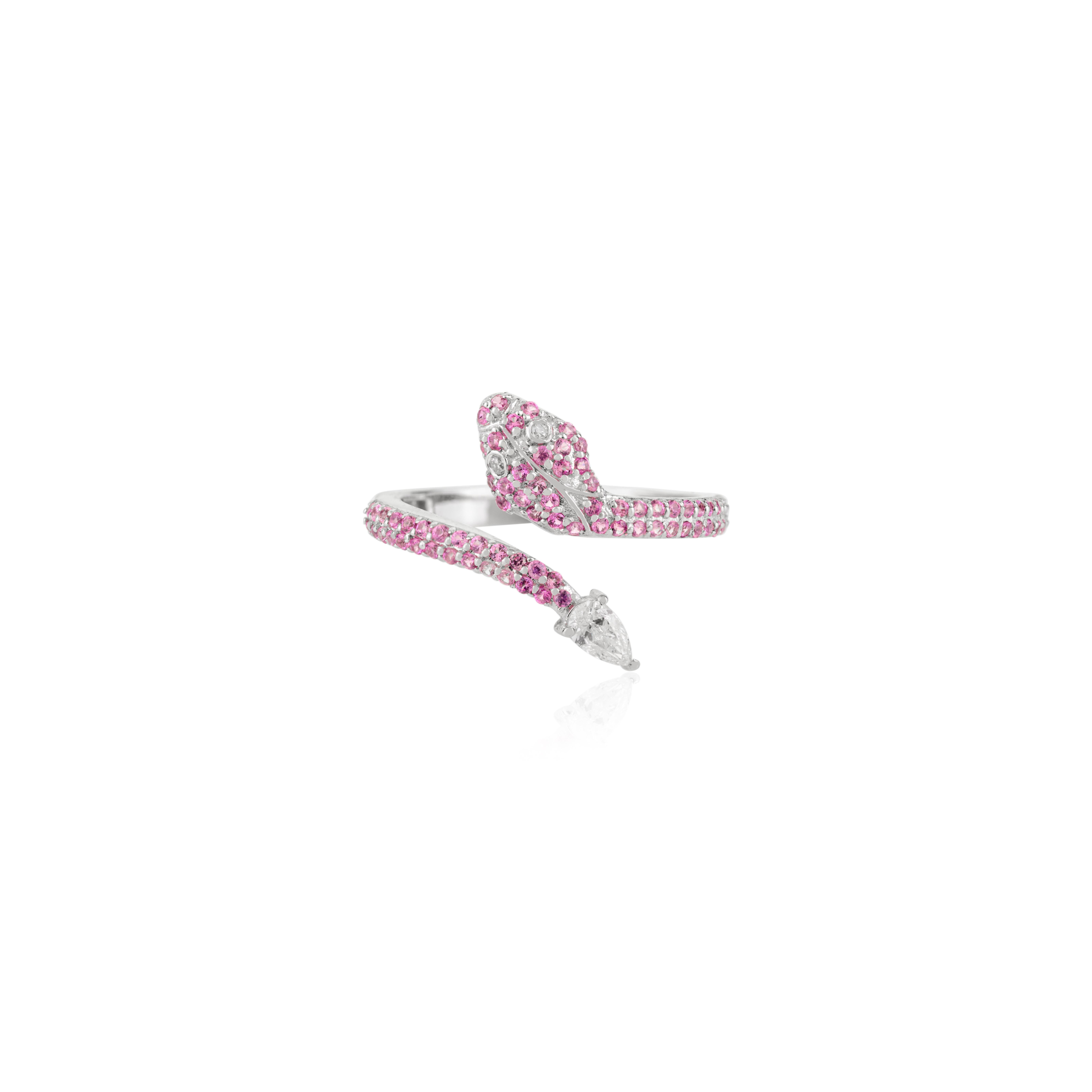 in vendita:  Pink Sapphire & Diamond Open Snake-Inspired Bypass Ring in 14k White Gold 3
