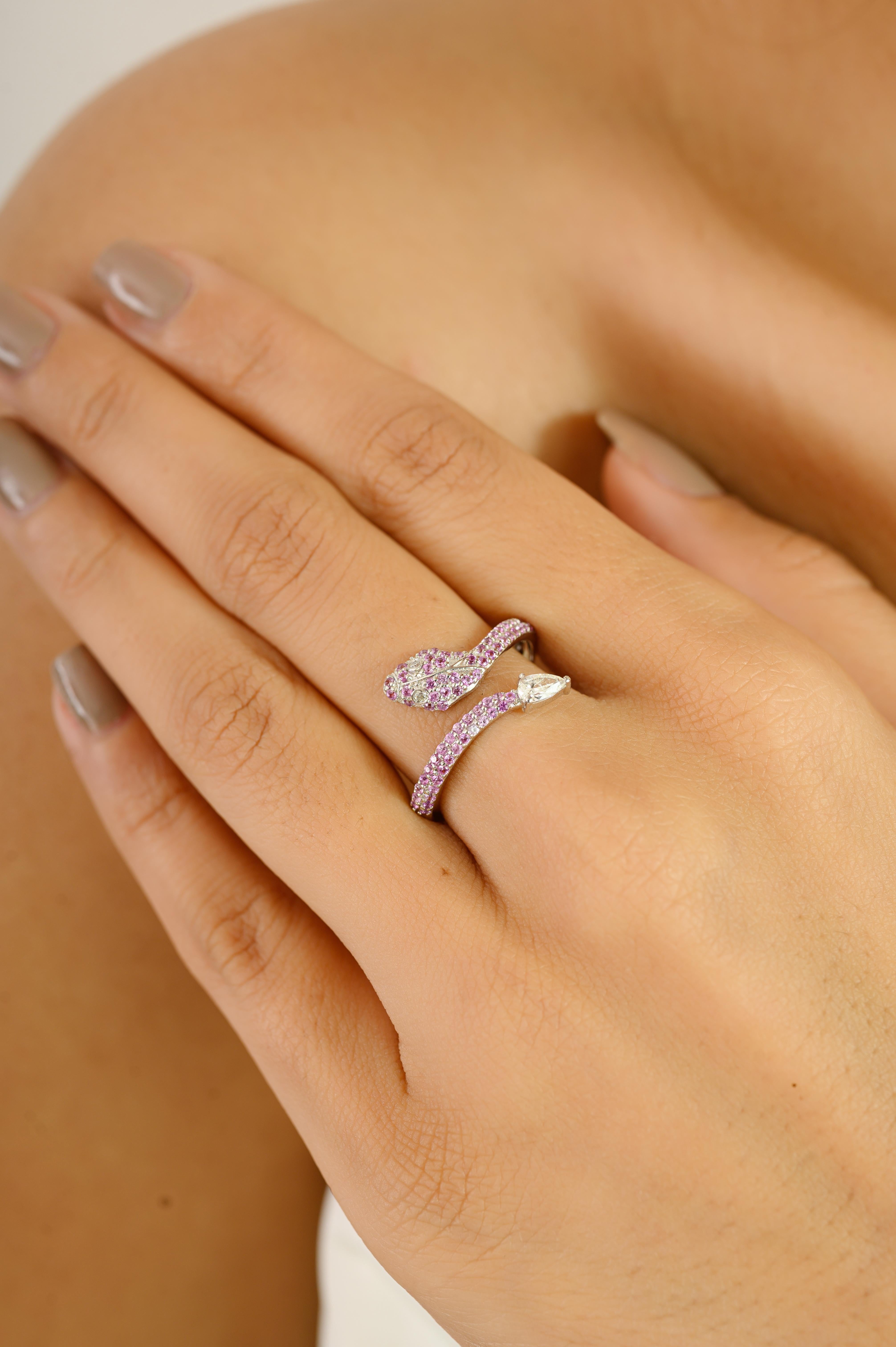 in vendita:  Pink Sapphire & Diamond Open Snake-Inspired Bypass Ring in 14k White Gold 4