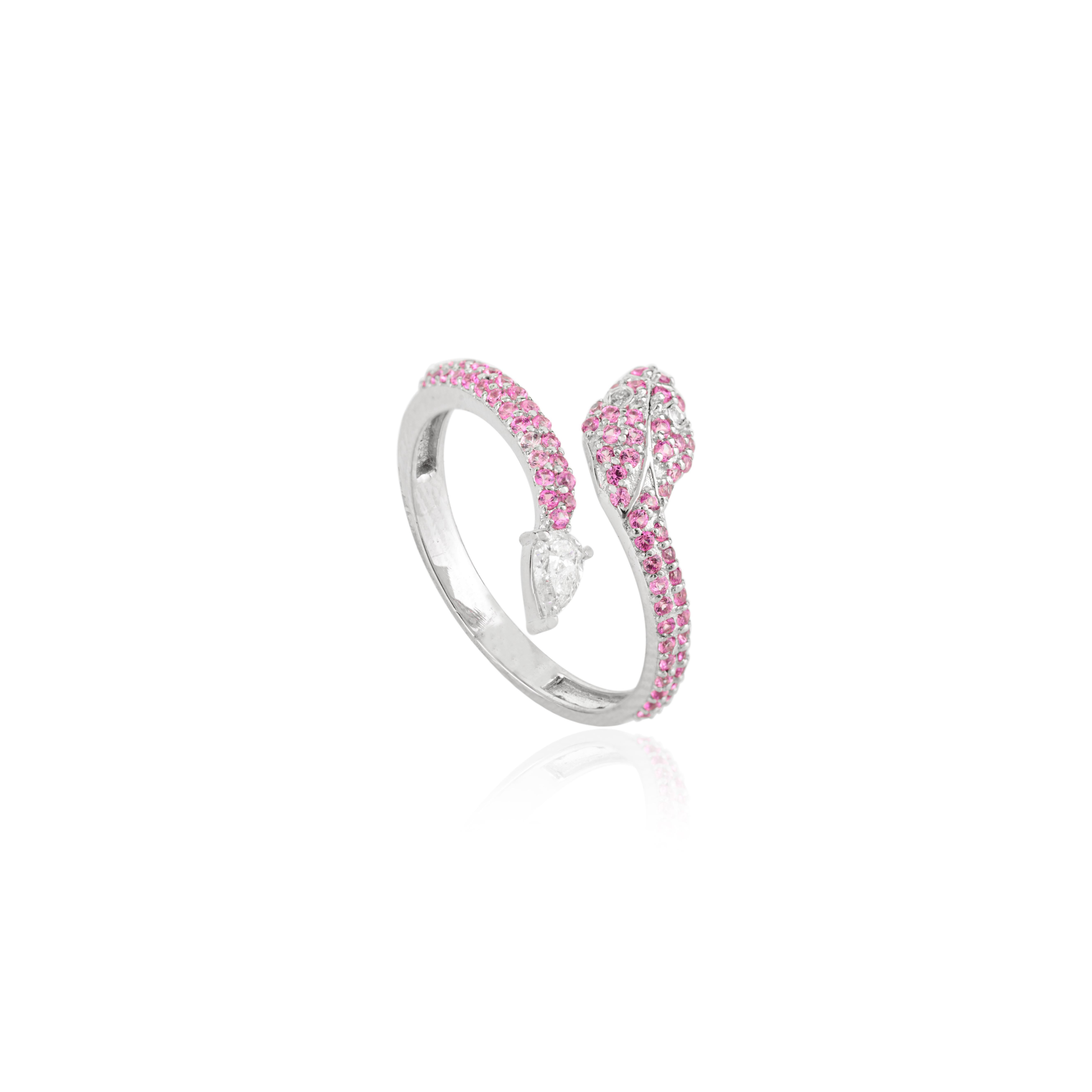 in vendita:  Pink Sapphire & Diamond Open Snake-Inspired Bypass Ring in 14k White Gold 5