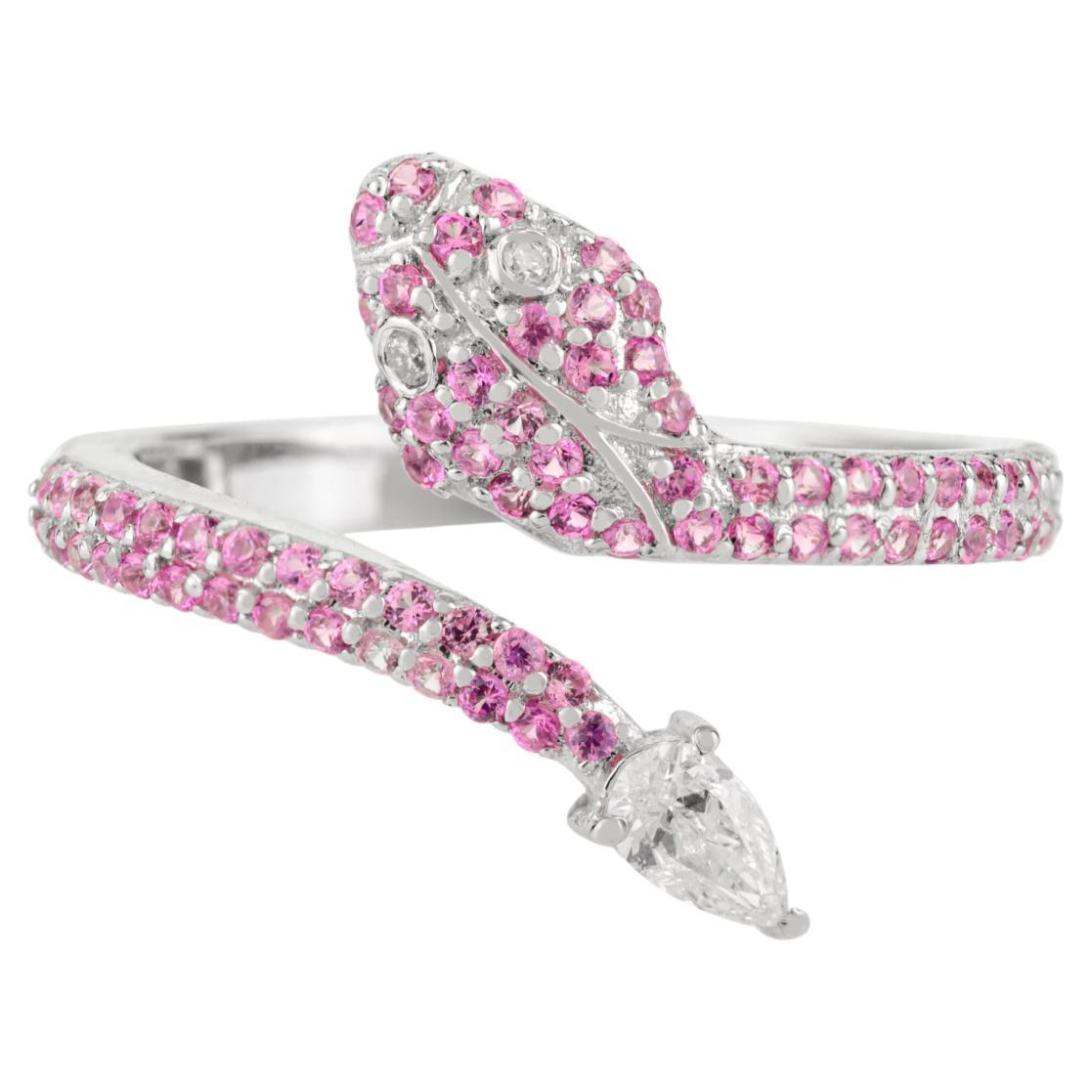 Pink Sapphire & Diamond Open Snake-Inspired Bypass Ring in 14k White Gold