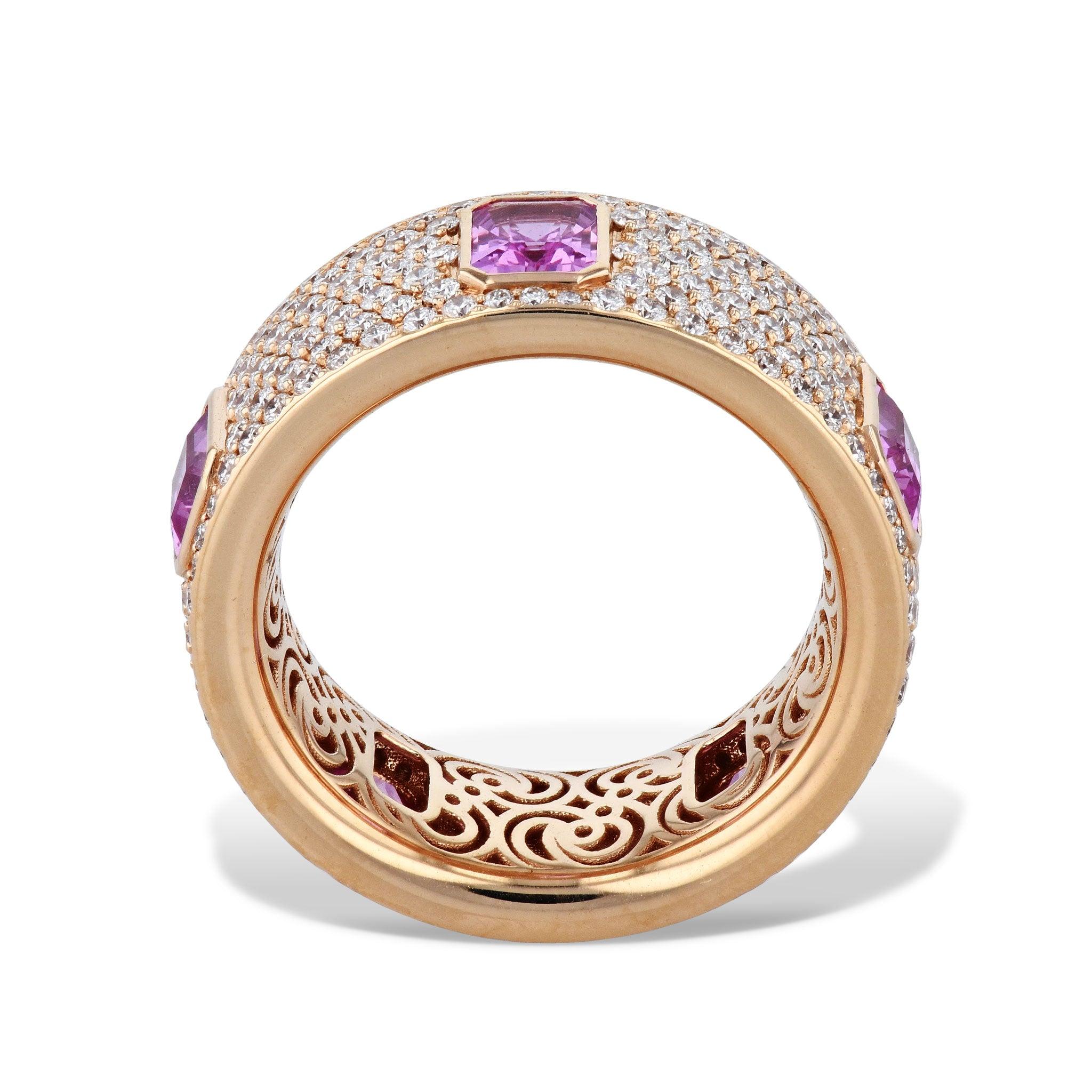 This exquisite Pink Sapphire Diamond Pave 18K Pink Gold Ring will add a sparkle to any occasion. It is crafted from pink sapphire and 1.97ct of F-VS diamond pave set in 18 karat rose gold.  
Pink  Sapphire Diamond Pave Ring.
2.54ct Pink