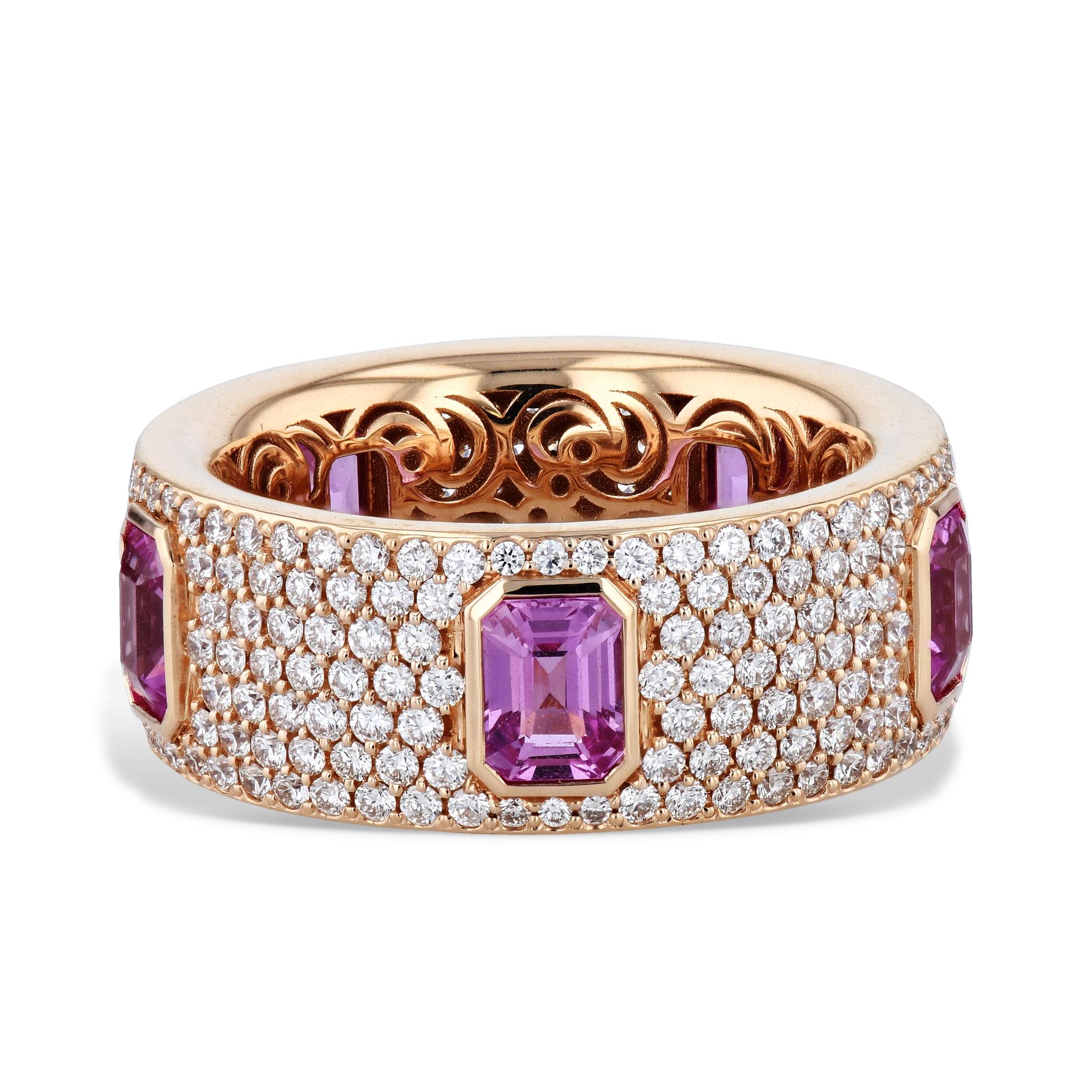 Round Cut Pink Sapphire Diamond Pave 18 Karat Rose Gold Eternity Band Ring For Sale