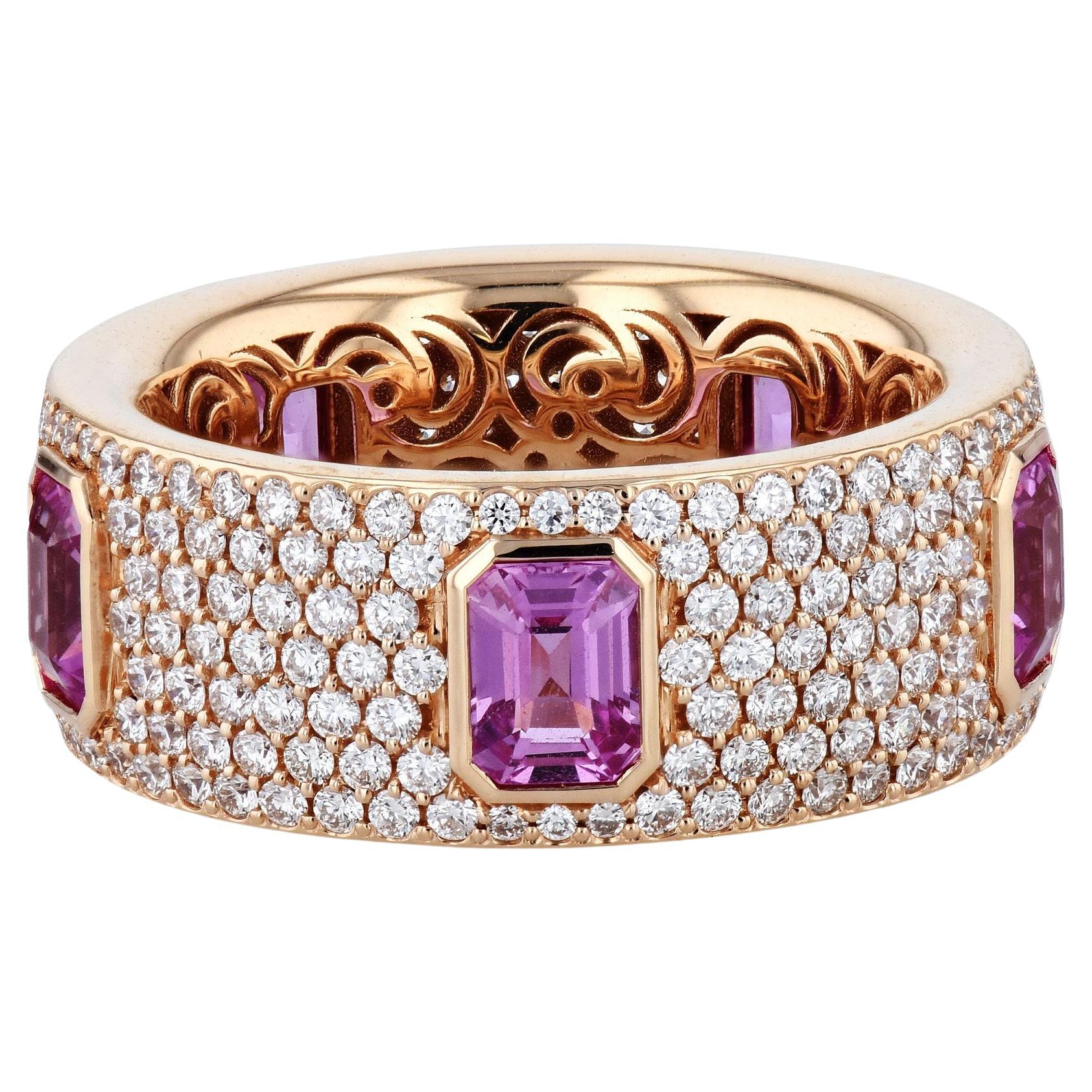 Pink Sapphire Diamond Pave 18 Karat Rose Gold Eternity Band Ring For Sale