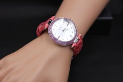 Pink Sapphire & Diamond Pave Dial Luxus Schweizer Quarz Exotische Lederband Uhr
