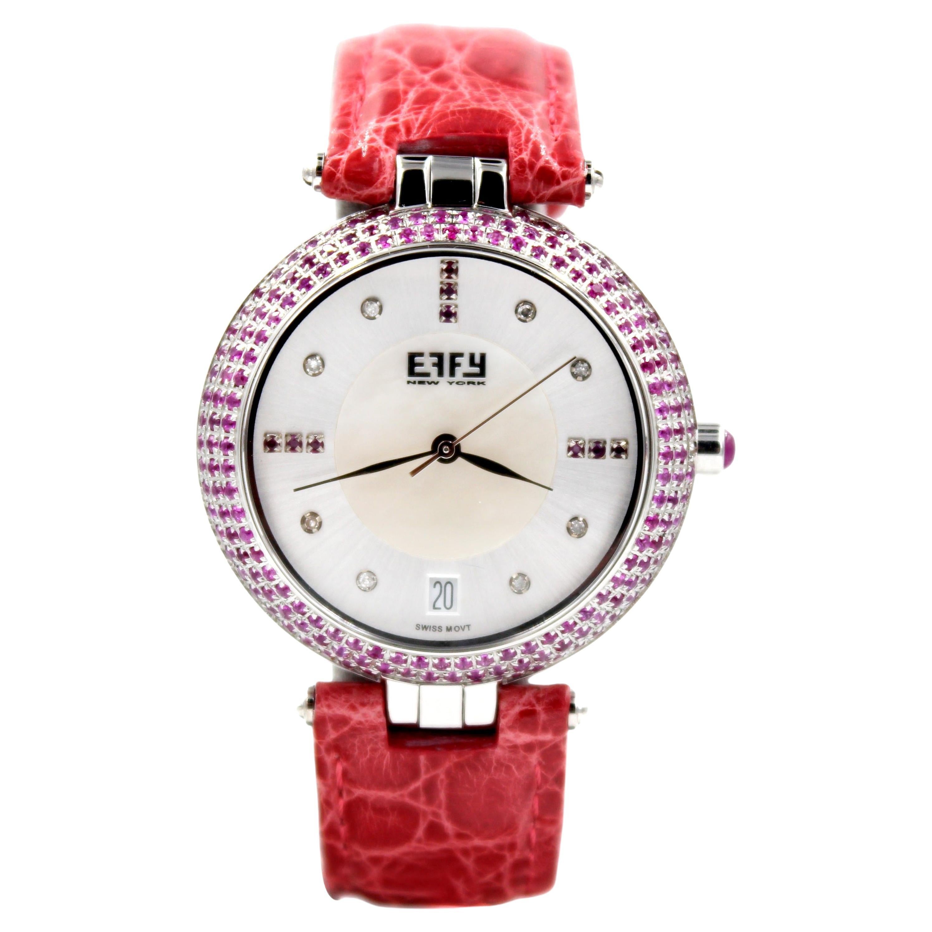 Montre de luxe à quartz suisse avec bracelet en cuir exotique, cadran en saphir rose et pavé de diamants