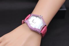 Pink Sapphire & Diamond Pave Dial Luxury Swiss Quartz Exotic Leather Watch