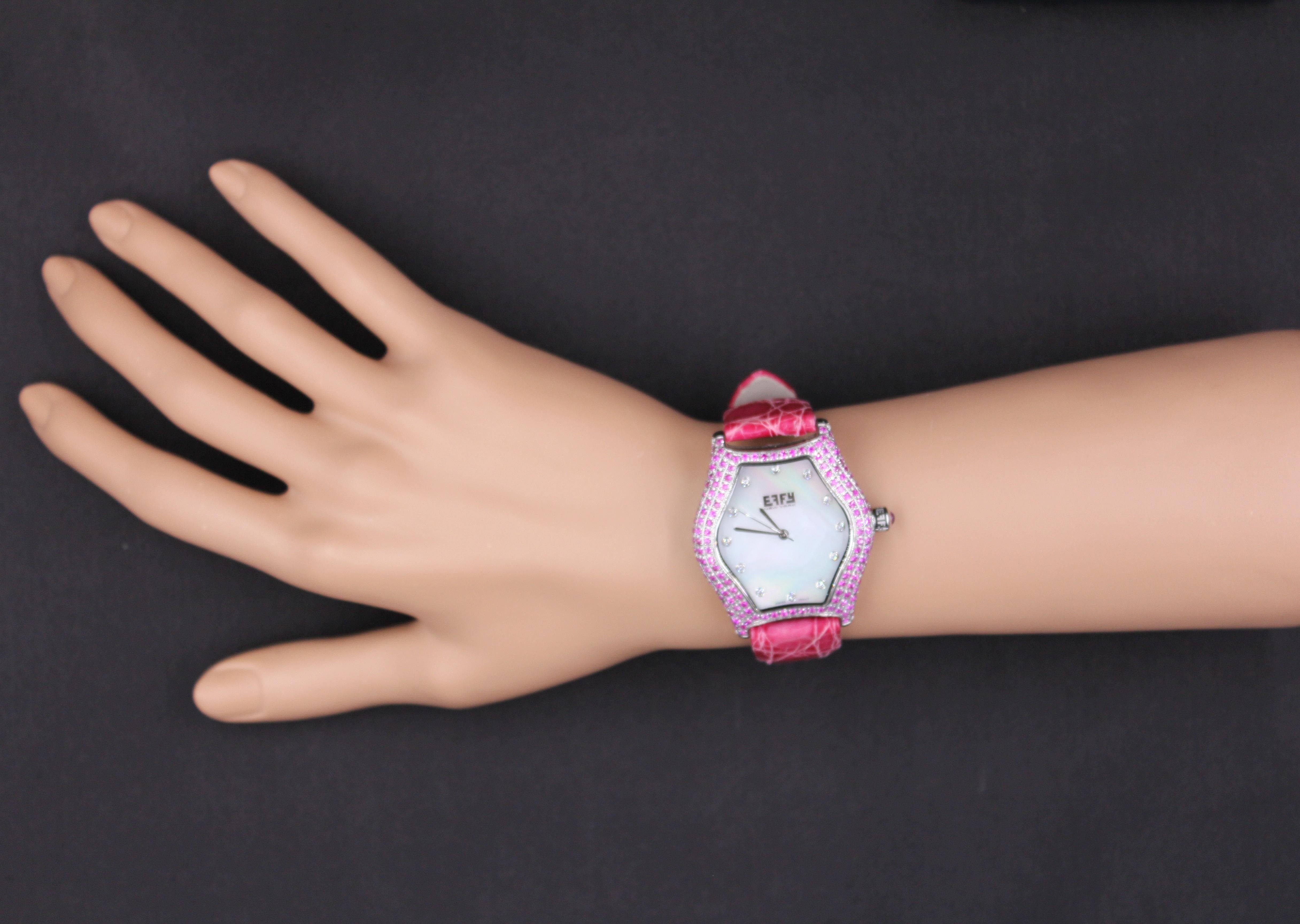 Modern Pink Sapphire & Diamond Pave Dial Luxury Swiss Quartz Exotic Leather Watch For Sale