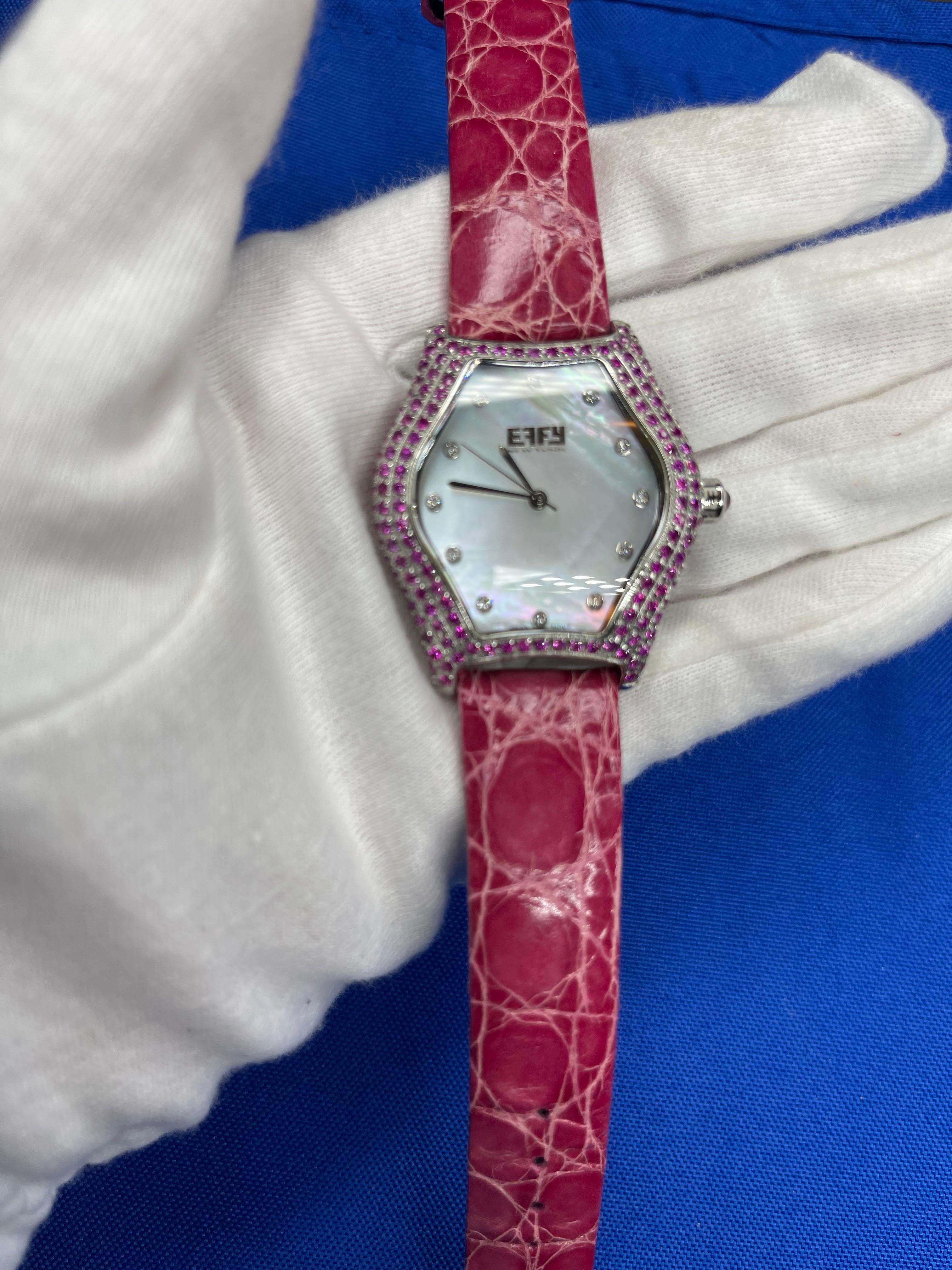 Mixed Cut Pink Sapphire & Diamond Pave Dial Luxury Swiss Quartz Exotic Leather Watch For Sale
