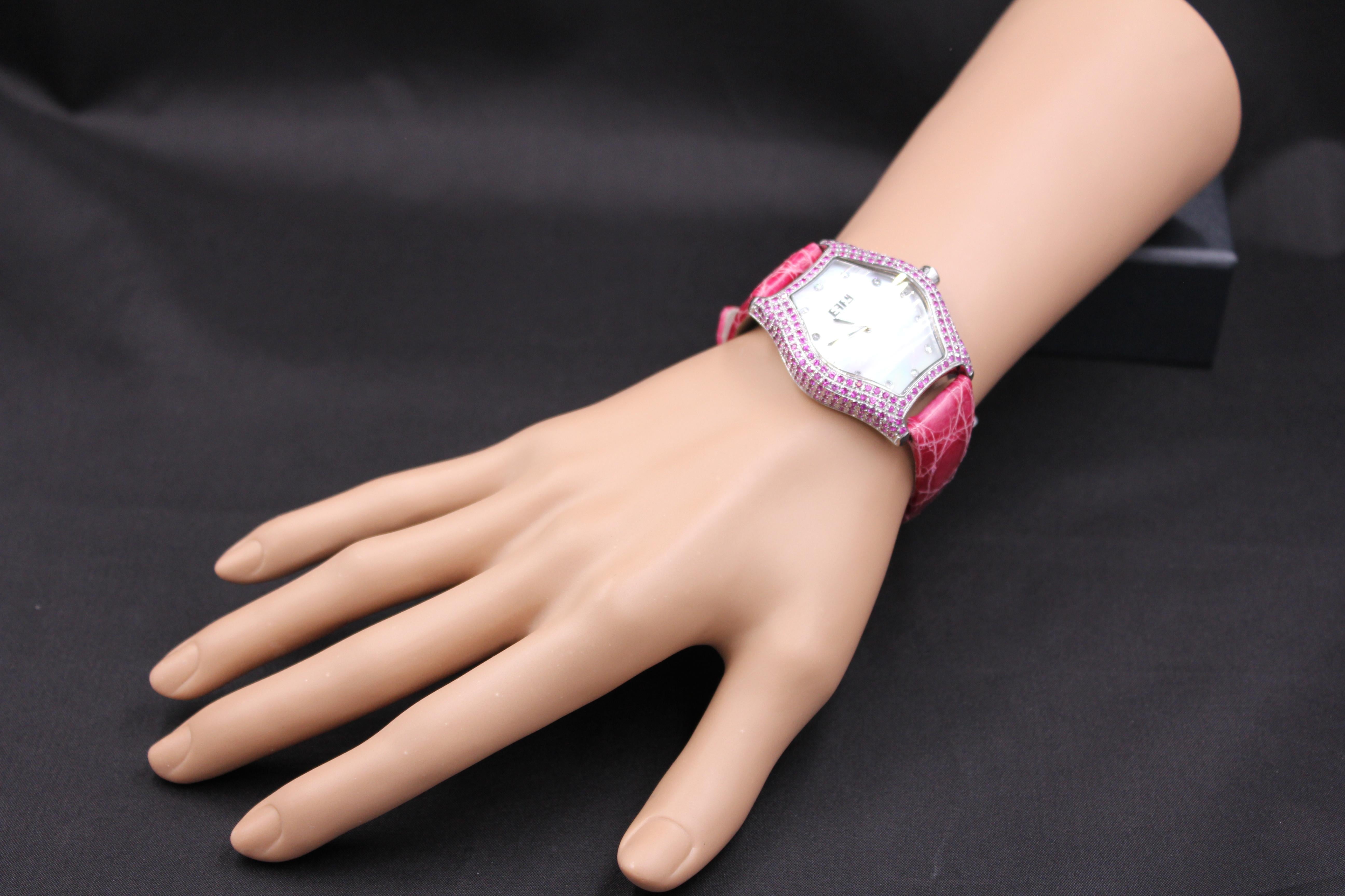 Pink Sapphire & Diamond Pave Dial Luxury Swiss Quartz Exotic Leather Watch In New Condition For Sale In Oakton, VA