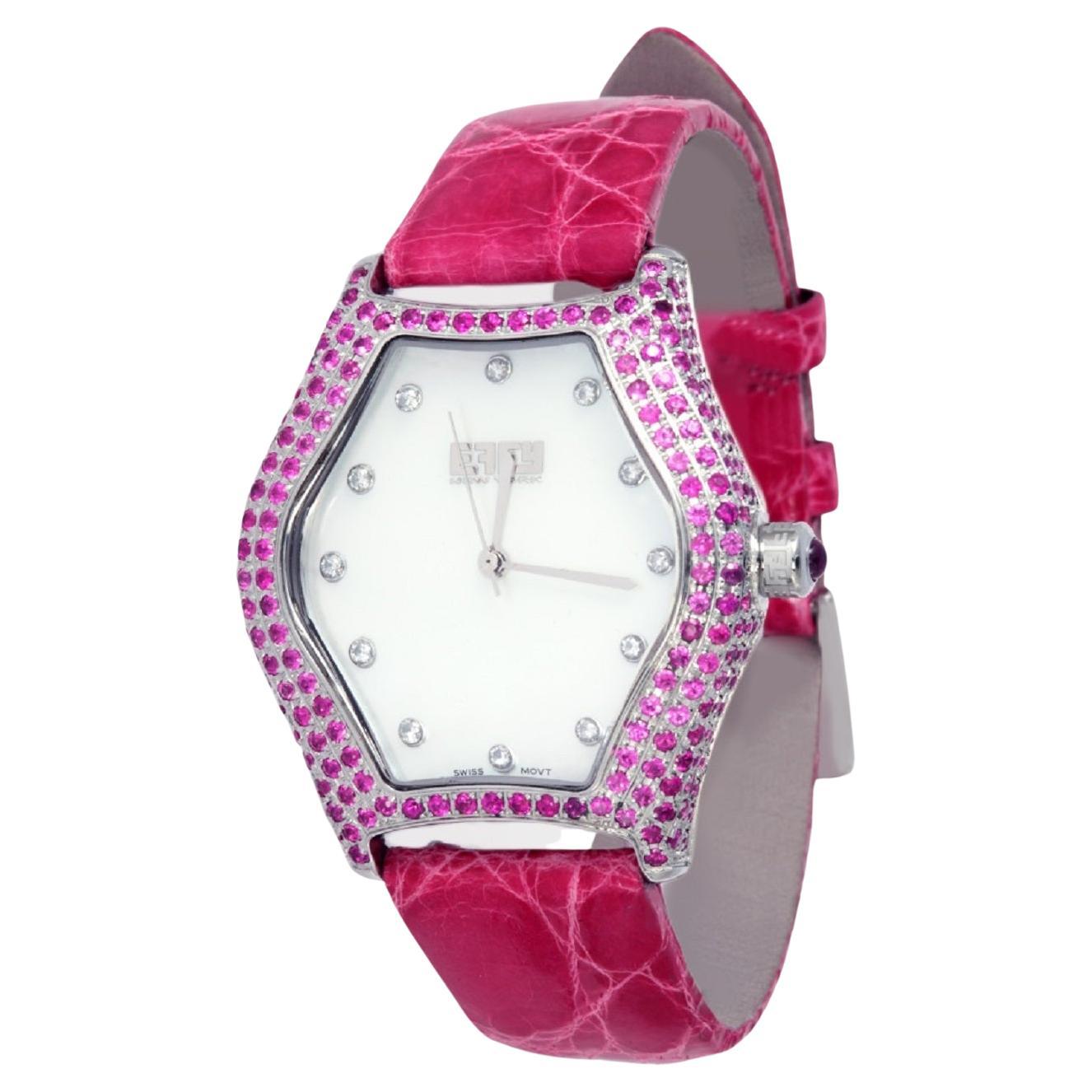 Pink Sapphire & Diamond Pave Dial Luxury Swiss Quartz Exotic Leather Watch For Sale