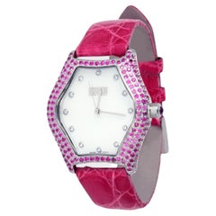 Pink Sapphire & Diamond Pave Dial Luxury Swiss Quartz Exotic Leather Watch