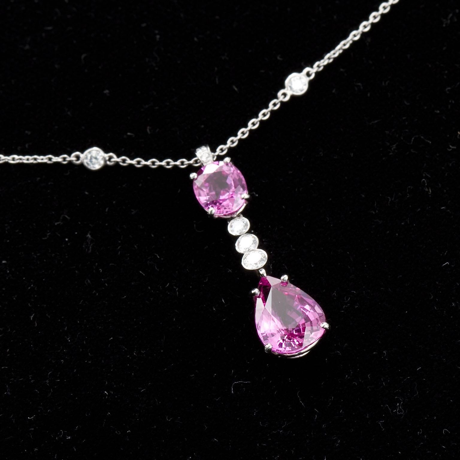 Pink Sapphire Diamond Pear Cushion Pendant GIA Report set in Platinum For Sale 4