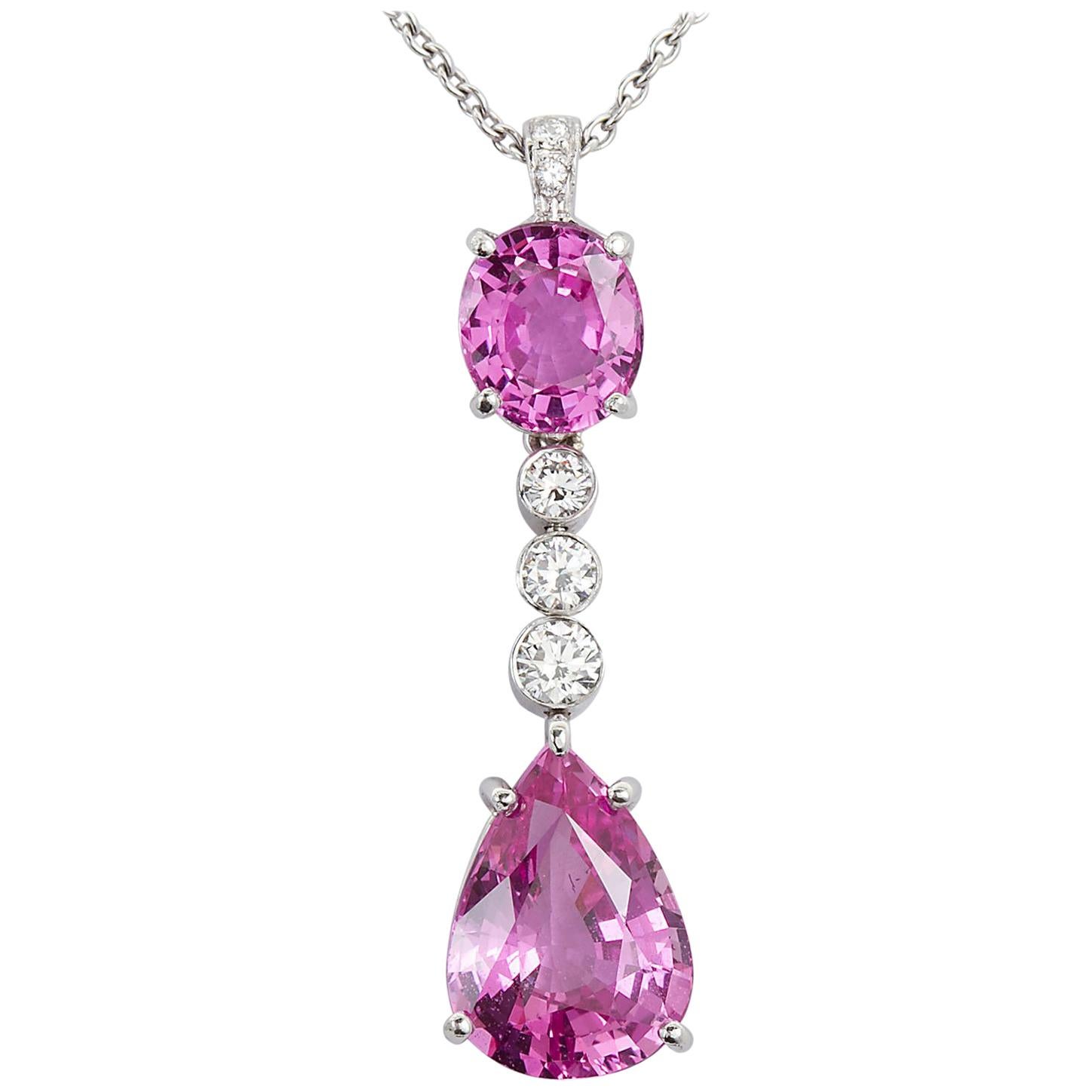 Pink Sapphire Diamond Pear Cushion Pendant GIA Report set in Platinum For Sale