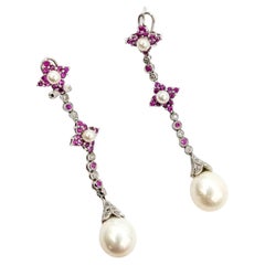 Pink Sapphire, Diamond & Pearl Dangle Earrings in 14k White Gold