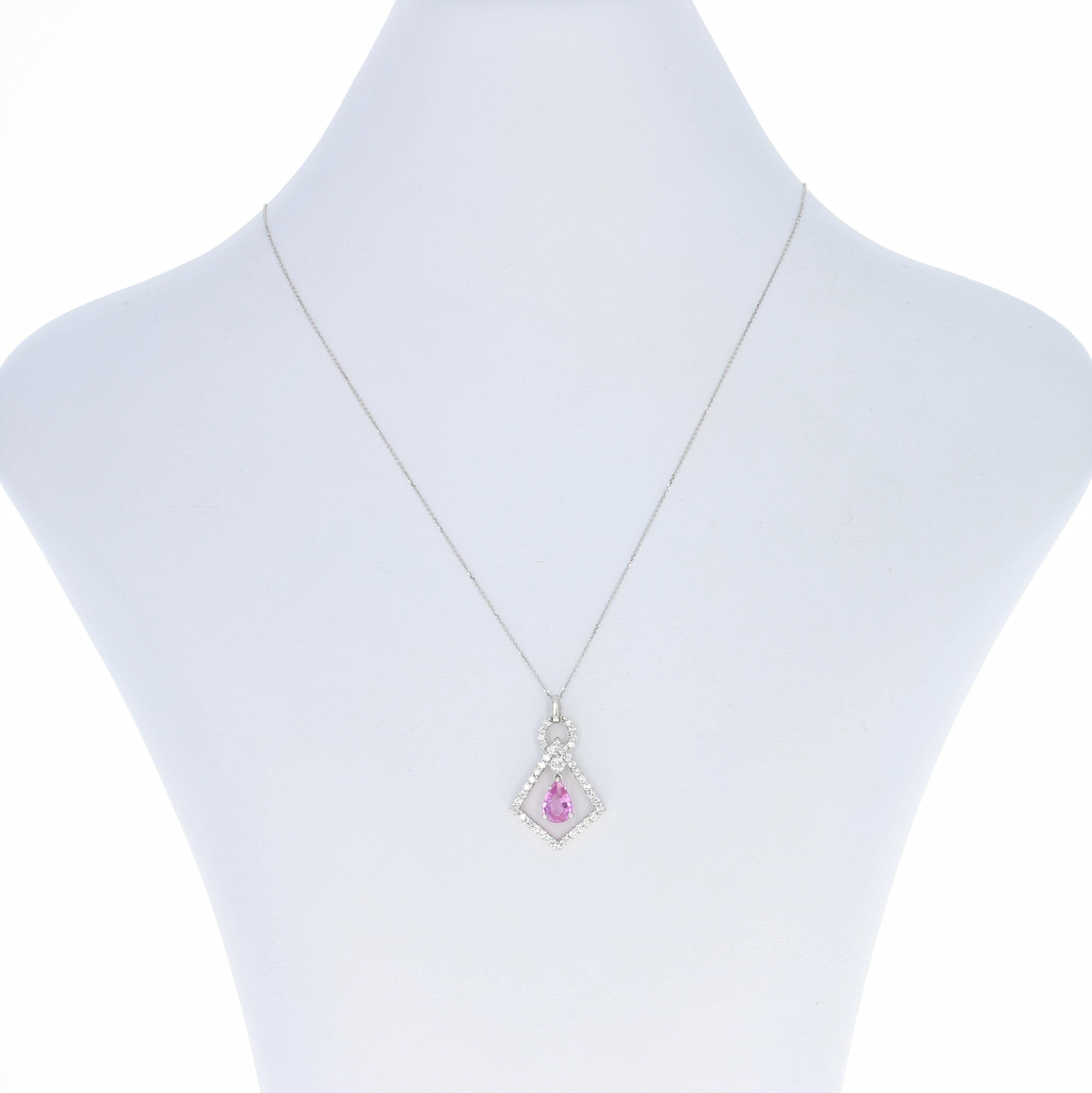 Vivacious color and brilliant shine unite in this exquisite piece! Elegantly crafted in 14k white gold, this cable chain necklace showcases a  stunning pendant displaying a captivating geometric design that is adorned with a glittering array of