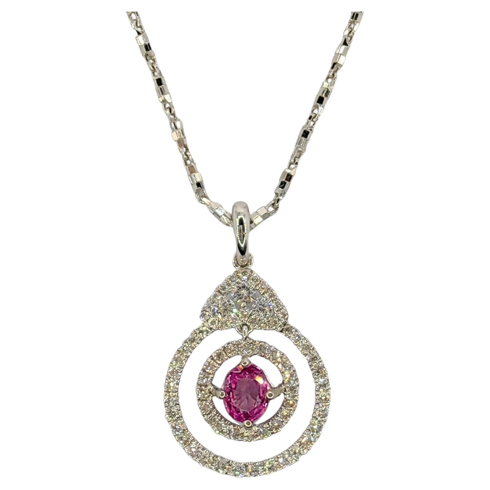 Pink Sapphire Diamond Necklace Pendant in 18k White Gold