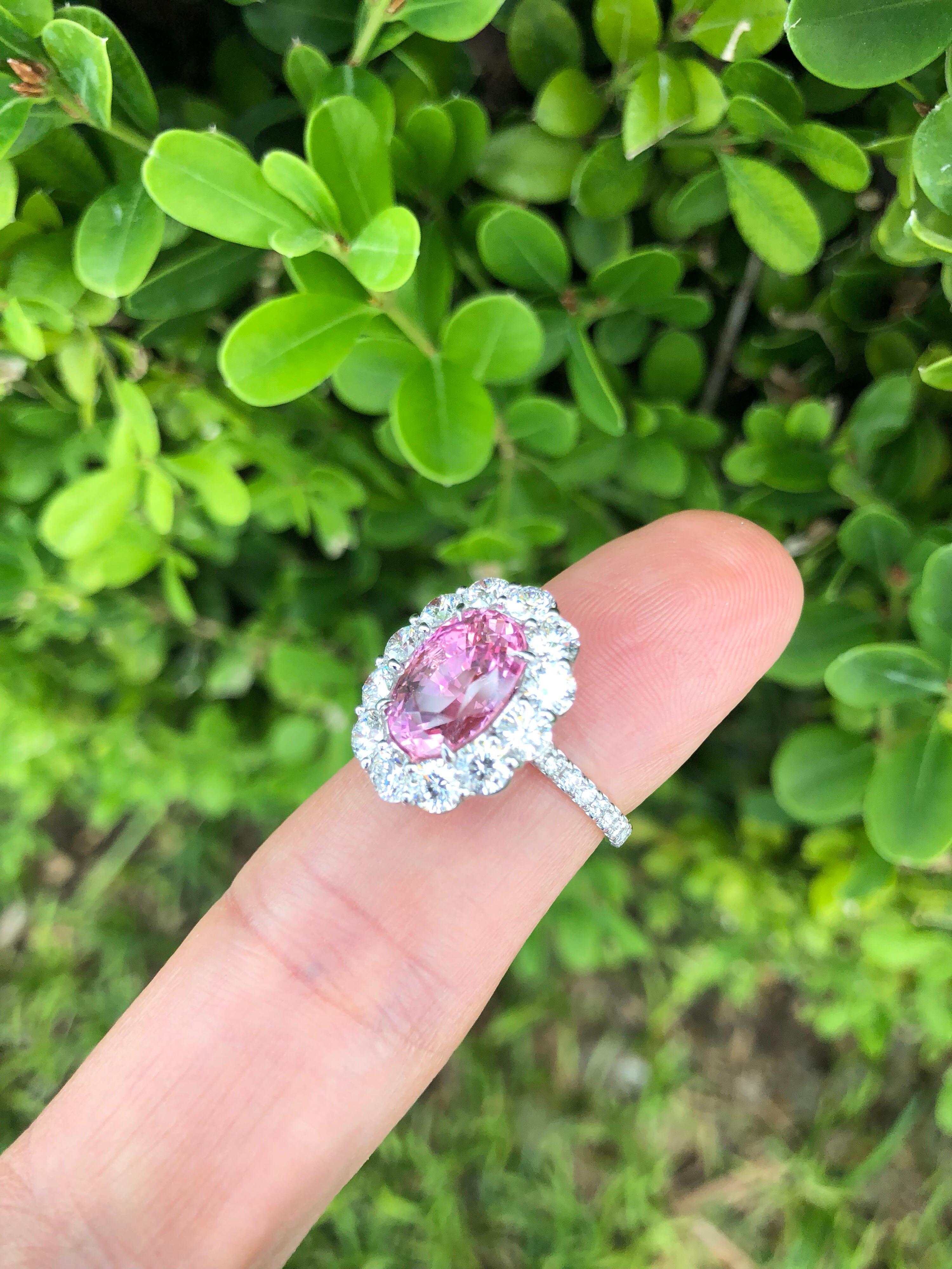 Natural Pink Sapphire Engagement Ring Diamond Platinum Unheated Ceylon Sapphire In New Condition In Beverly Hills, CA