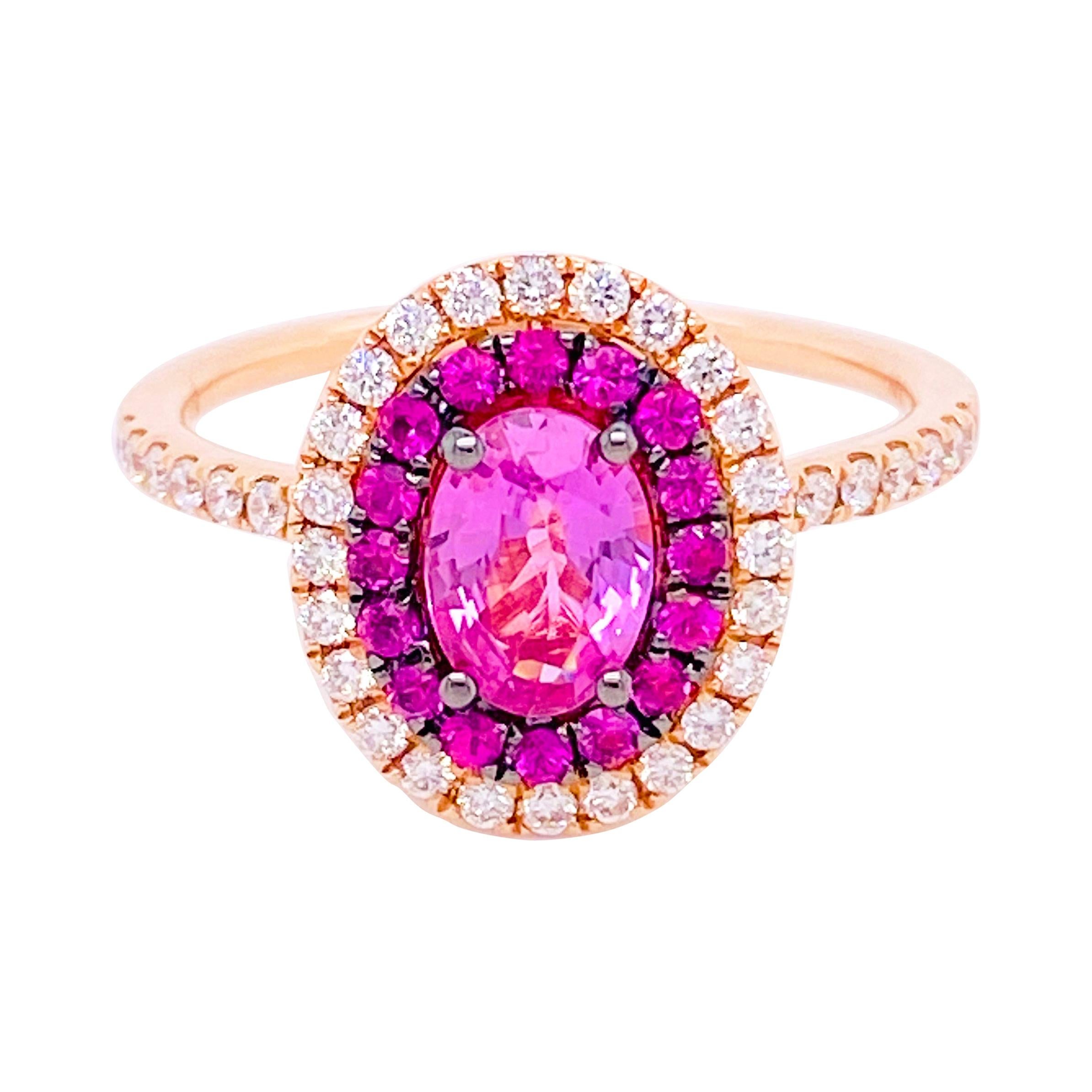 For Sale:  Pink Sapphire Diamond Ring, 14 Karat Rose Gold, Fashion, Halo, 1.22 Carat