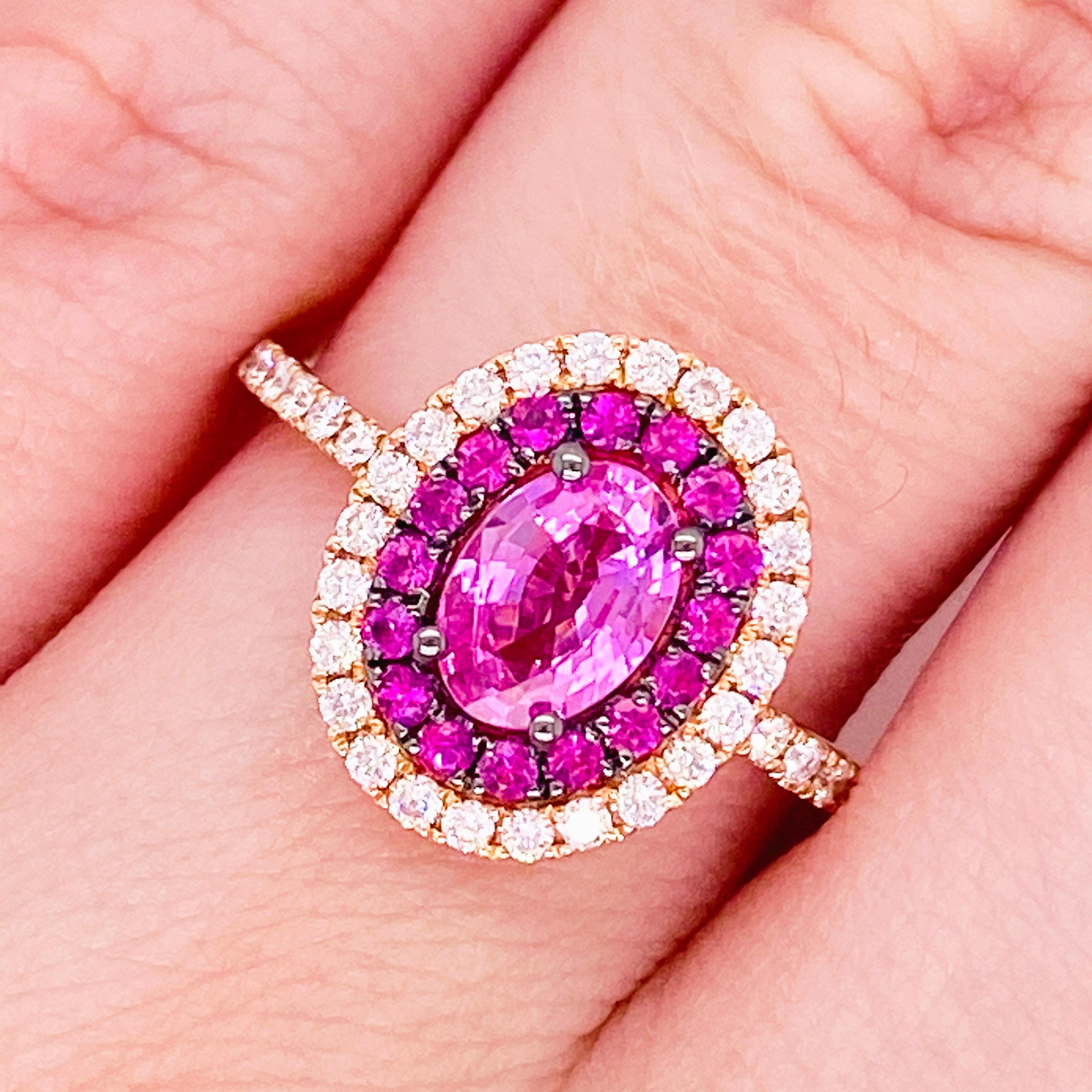 This stunningly beautiful bright pink sapphire surrounded by smaller brilliant sapphires and dripping with diamonds set in polished 14k Rose Gold provides a look that is very modern and classic at the same time! This ring is very fashionable and can
