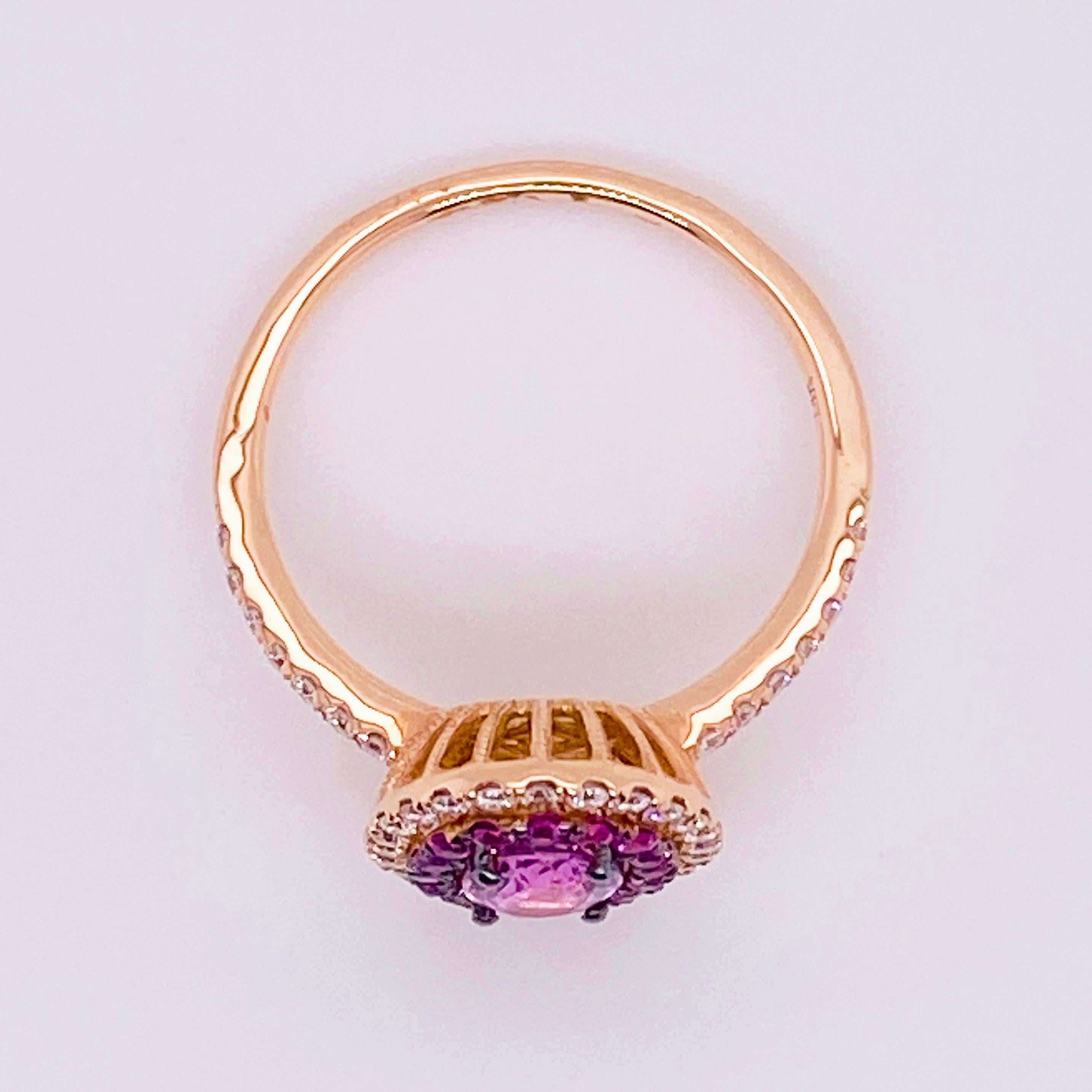 Modern Pink Sapphire Diamond Ring, 14 Karat Rose Gold, Fashion, Halo, 1.22 Carat