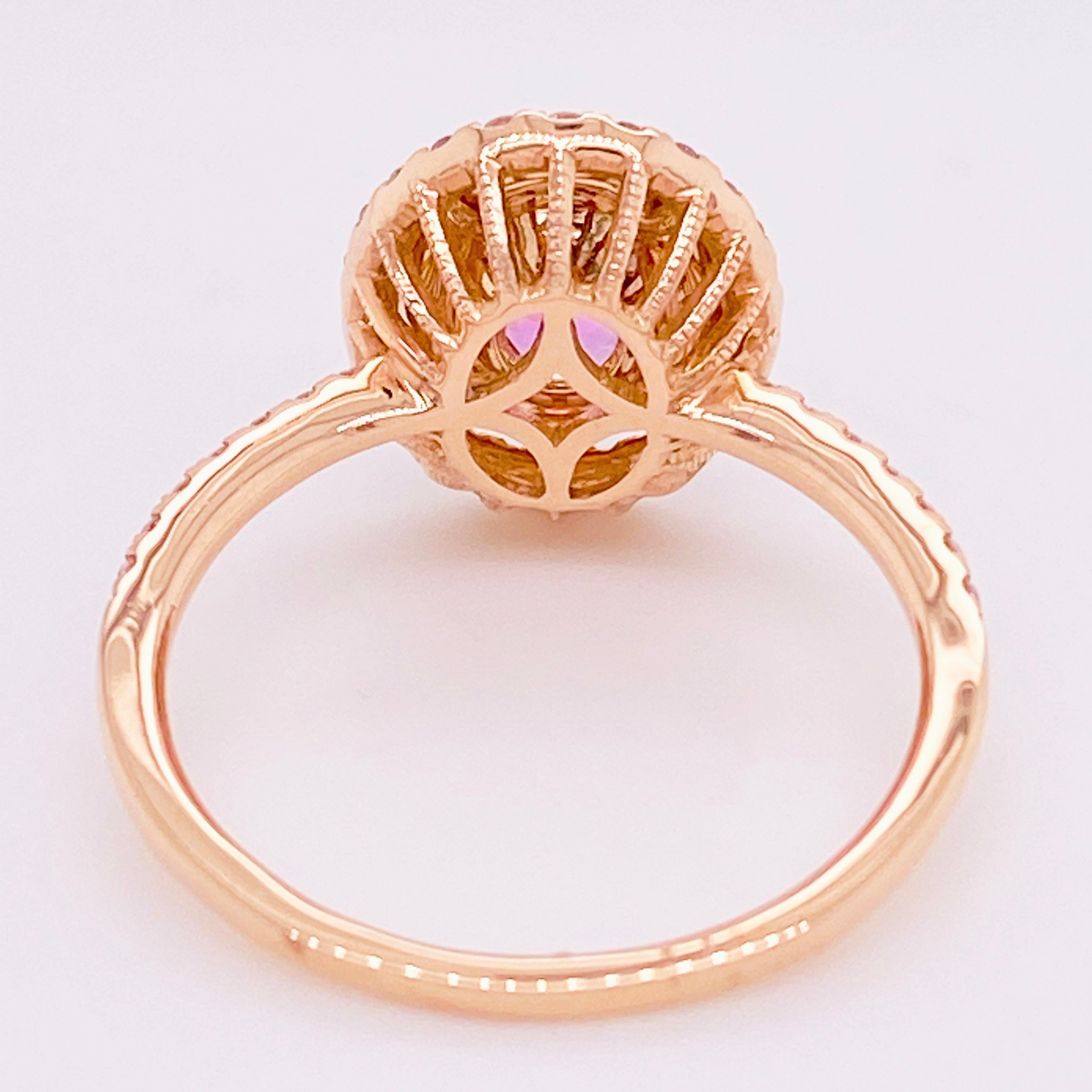 Oval Cut Pink Sapphire Diamond Ring, 14 Karat Rose Gold, Fashion, Halo, 1.22 Carat