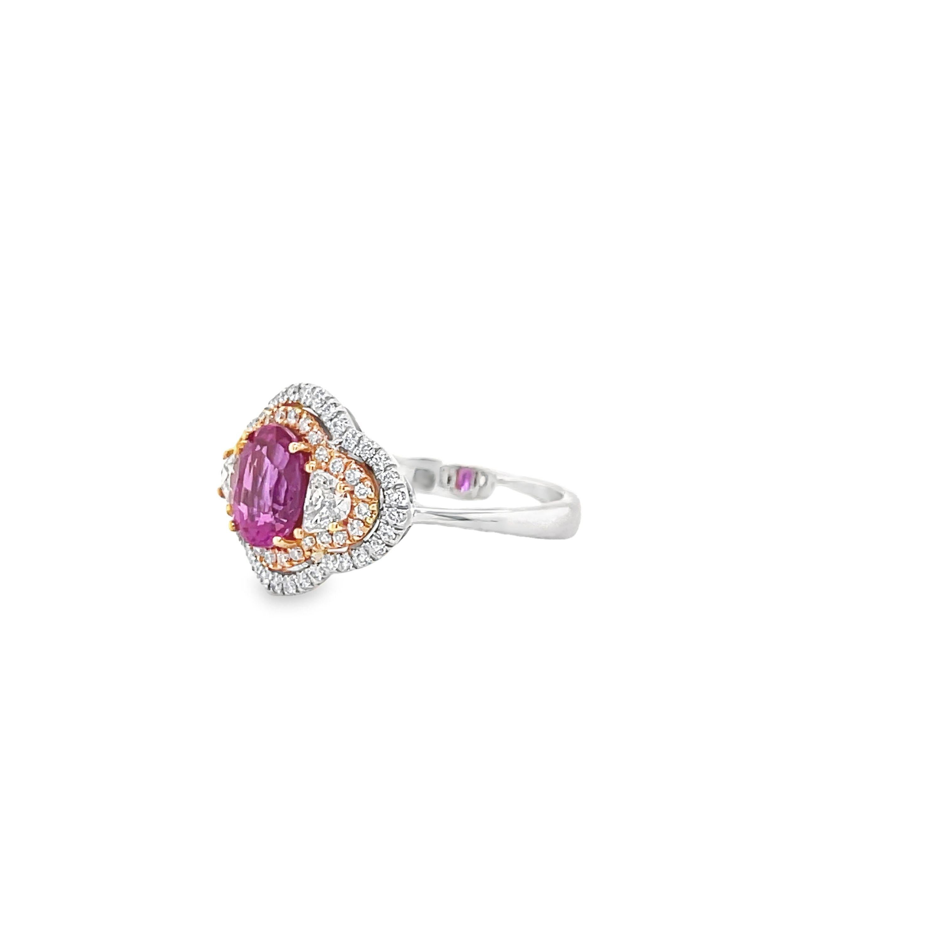Oval Cut Pink Sapphire & Diamond Ring in 18K Two Tone Gold For Sale