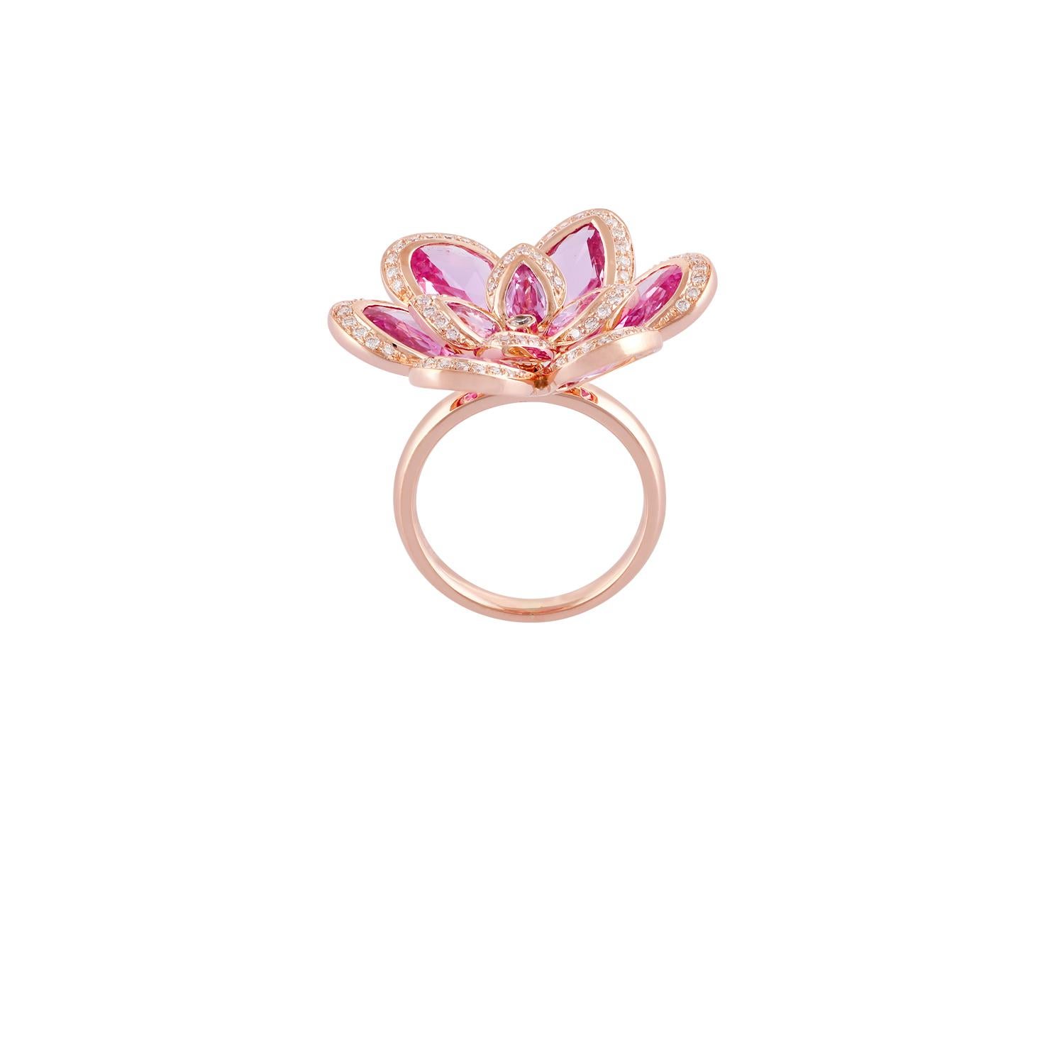 Contemporary Pink Sapphire Diamond Ring, Set in 18 Karat Rose Gold For Sale
