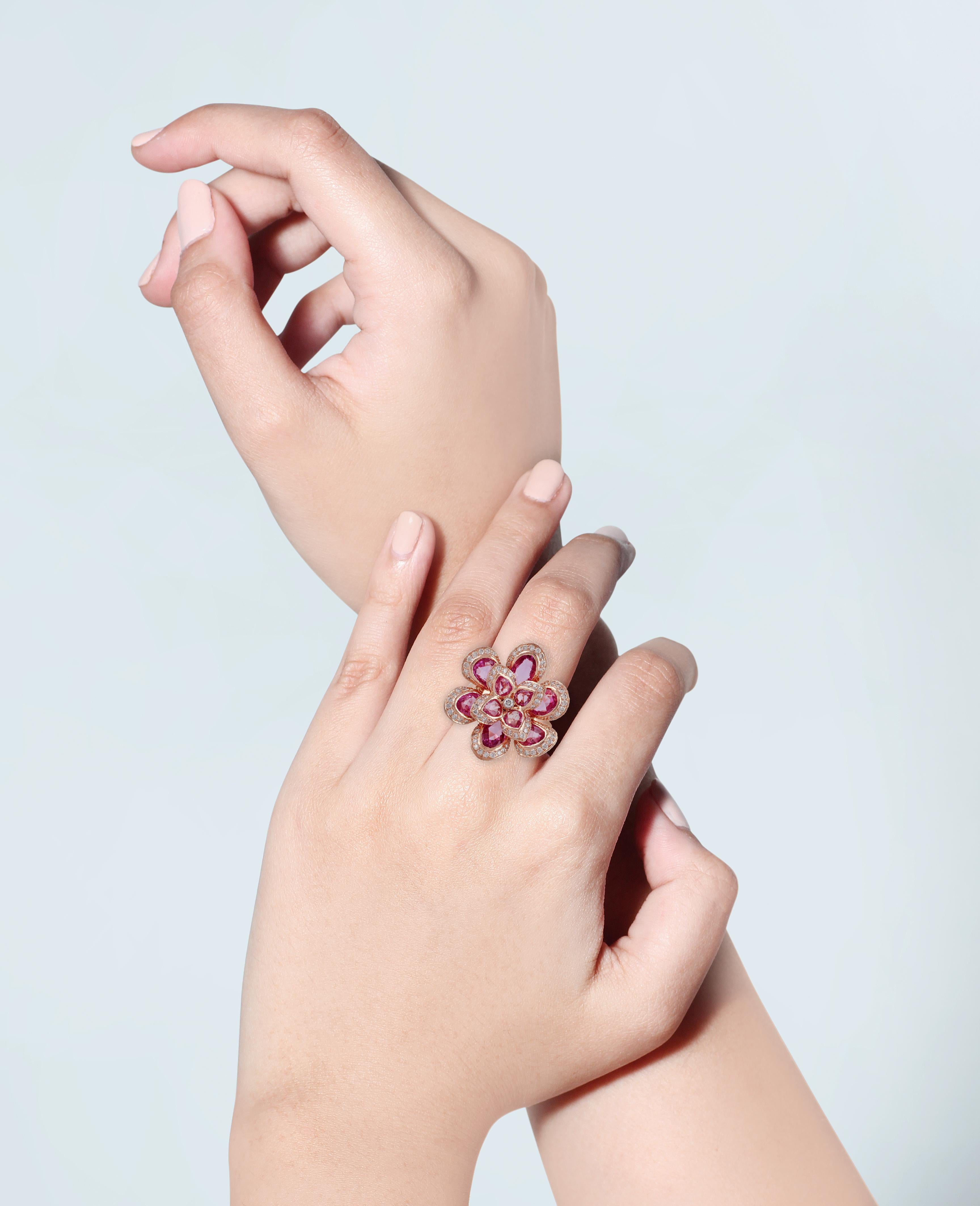 Rose Cut Pink Sapphire Diamond Ring, Set in 18 Karat Rose Gold For Sale