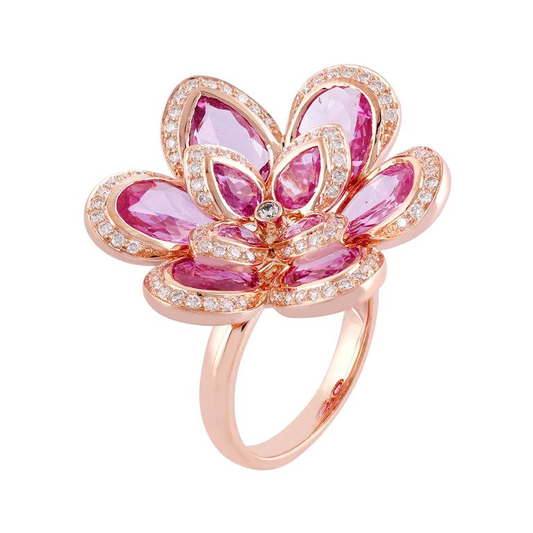 Pink Sapphire Diamond Ring, Set in 18 Karat Rose Gold For Sale